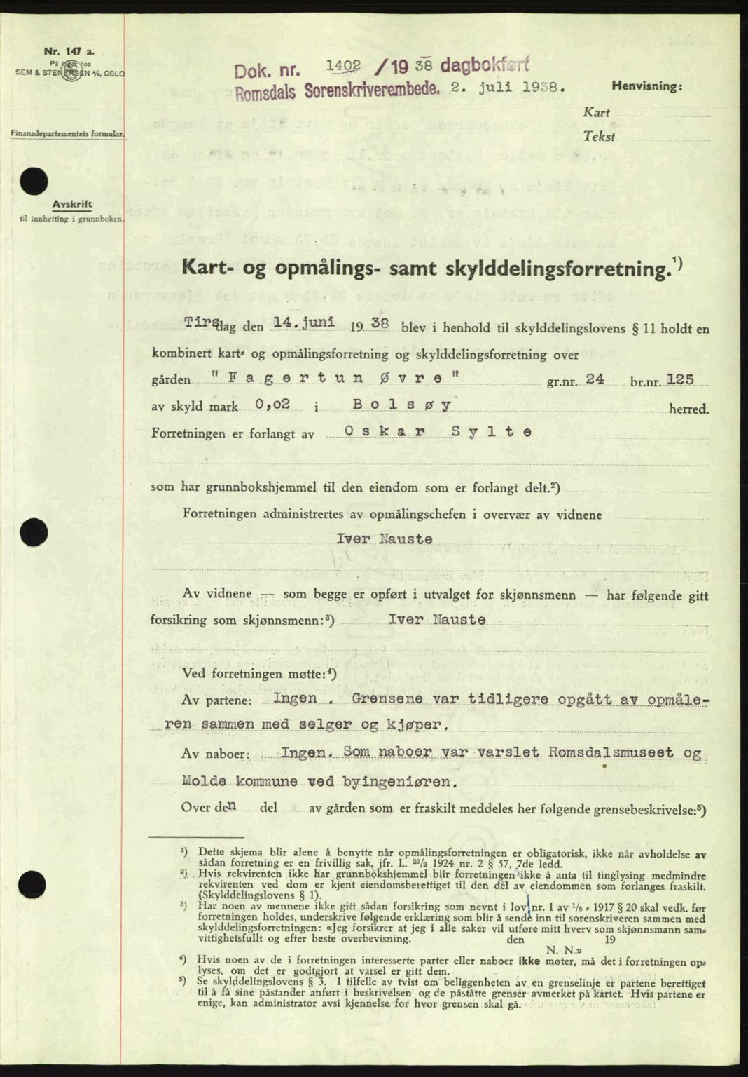 Romsdal sorenskriveri, SAT/A-4149/1/2/2C: Pantebok nr. A5, 1938-1938, Dagboknr: 1402/1938