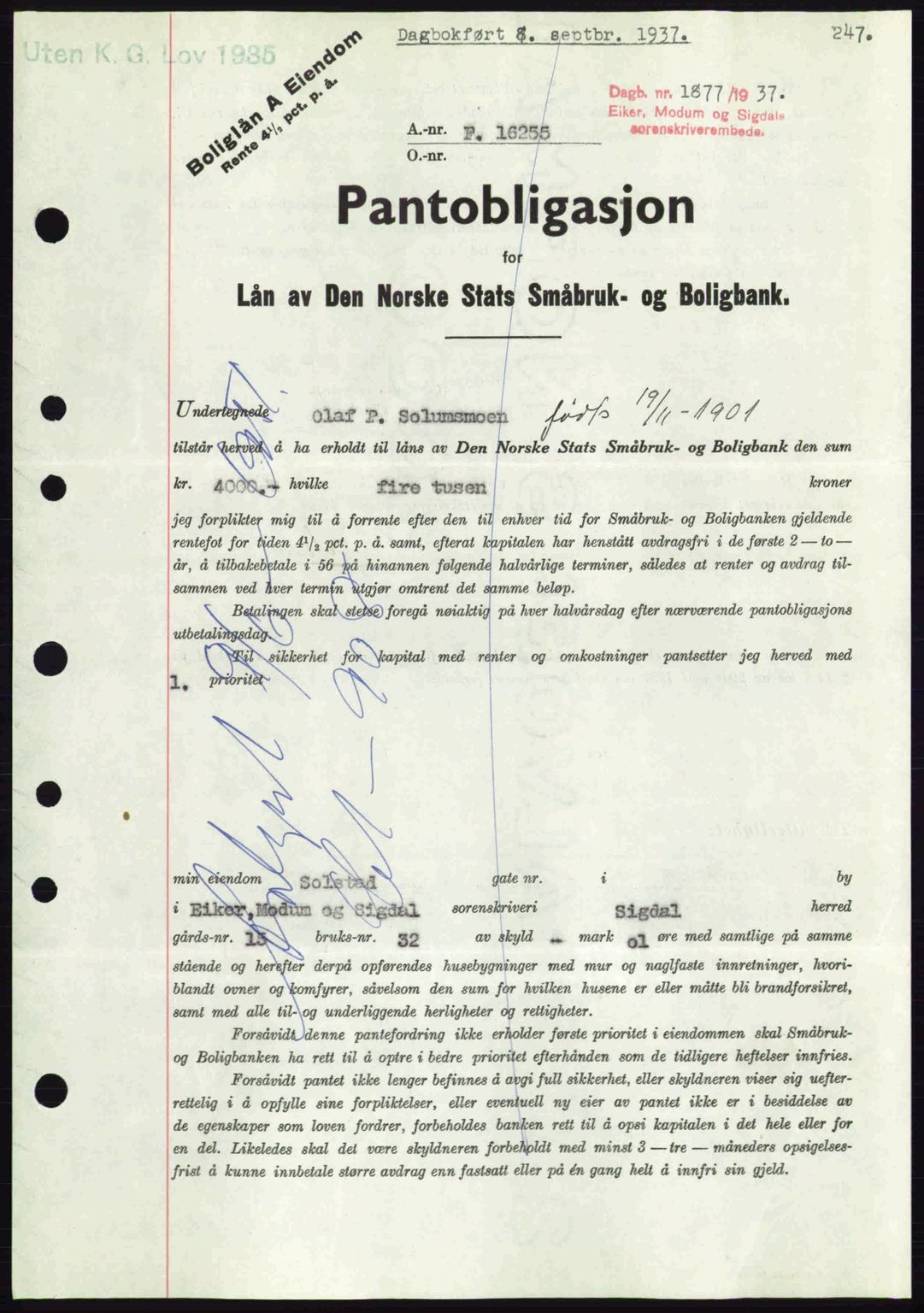 Eiker, Modum og Sigdal sorenskriveri, SAKO/A-123/G/Ga/Gab/L0036: Pantebok nr. A6, 1937-1937, Dagboknr: 1877/1937