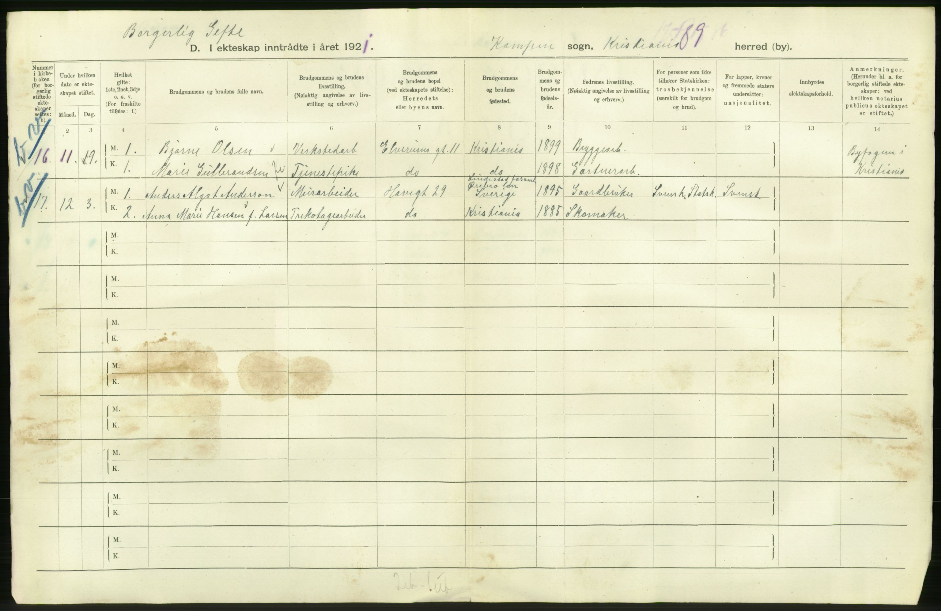 Statistisk sentralbyrå, Sosiodemografiske emner, Befolkning, RA/S-2228/D/Df/Dfc/Dfca/L0011: Kristiania: Gifte, 1921, s. 808