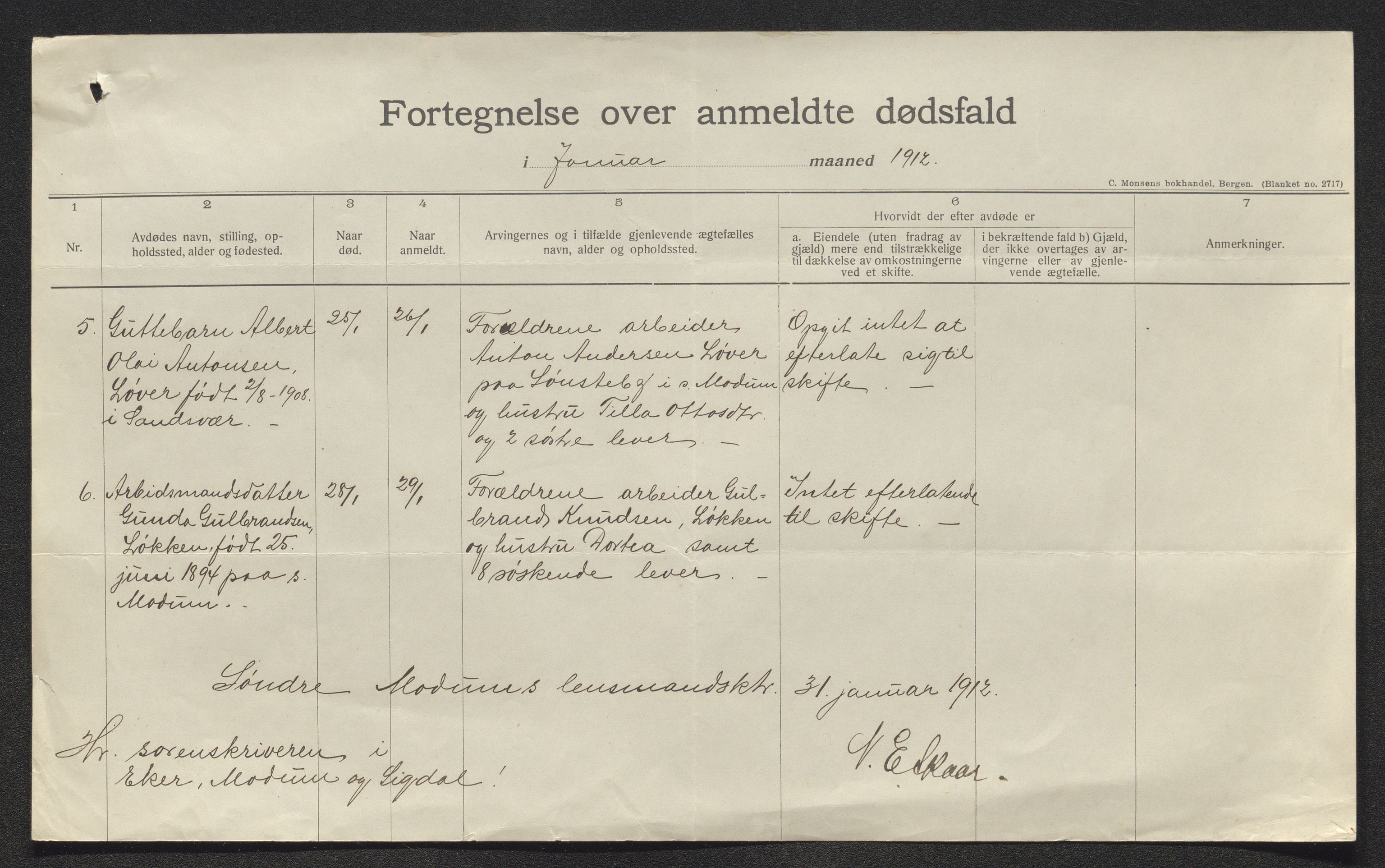 Eiker, Modum og Sigdal sorenskriveri, SAKO/A-123/H/Ha/Hab/L0035: Dødsfallsmeldinger, 1912, s. 204