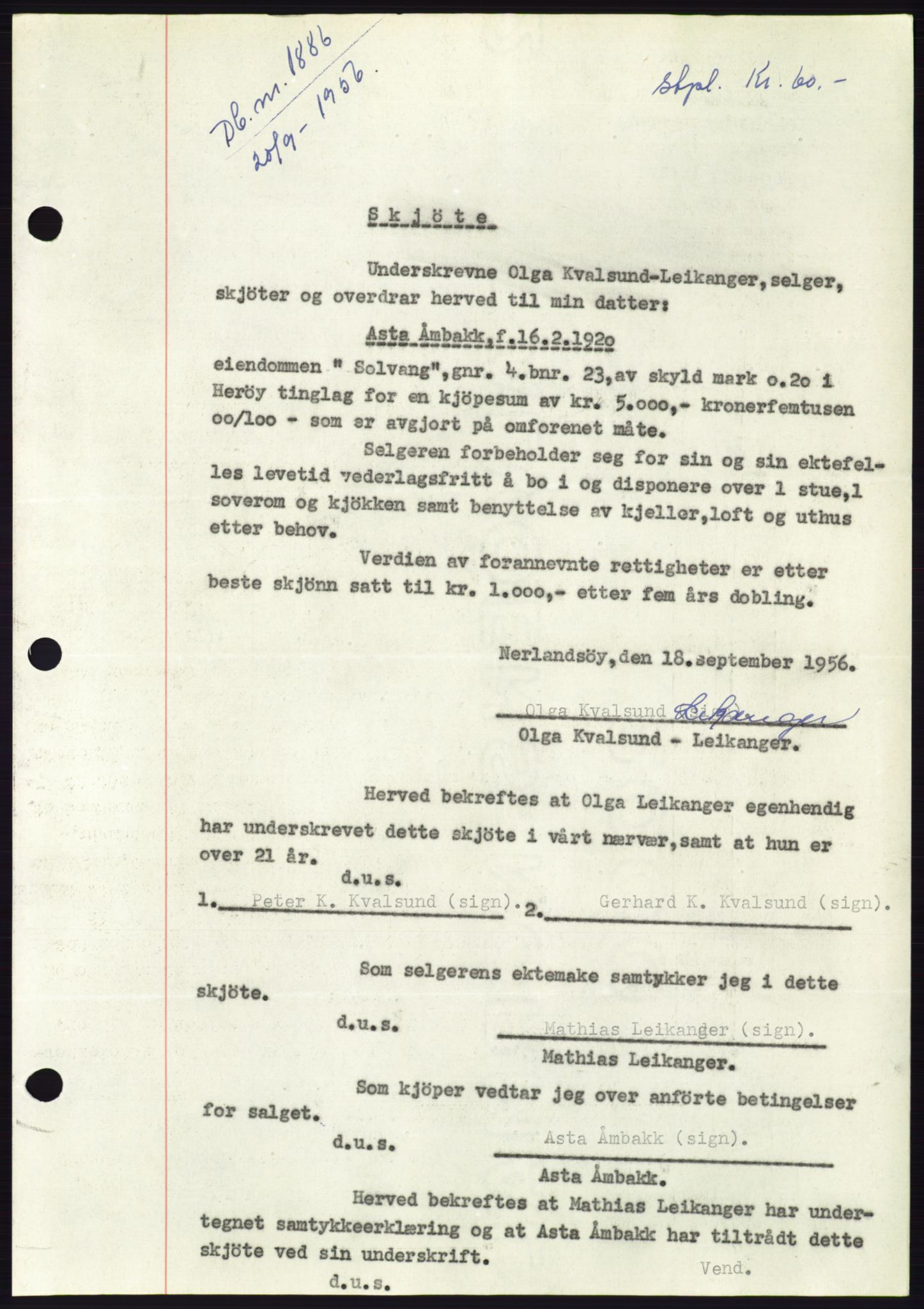 Søre Sunnmøre sorenskriveri, AV/SAT-A-4122/1/2/2C/L0104: Pantebok nr. 30A, 1956-1956, Dagboknr: 1886/1956