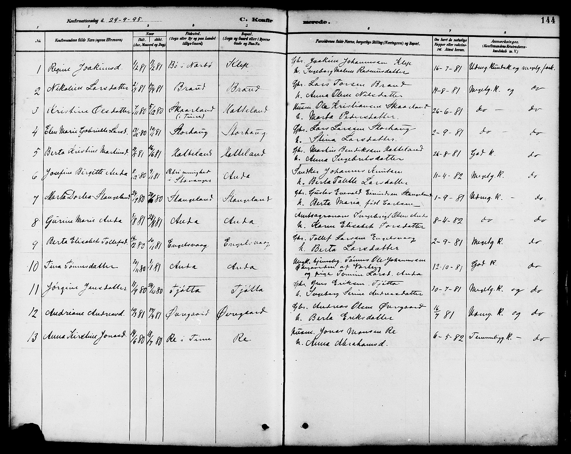 Klepp sokneprestkontor, SAST/A-101803/001/3/30BB/L0004: Klokkerbok nr. B 4, 1889-1914, s. 144