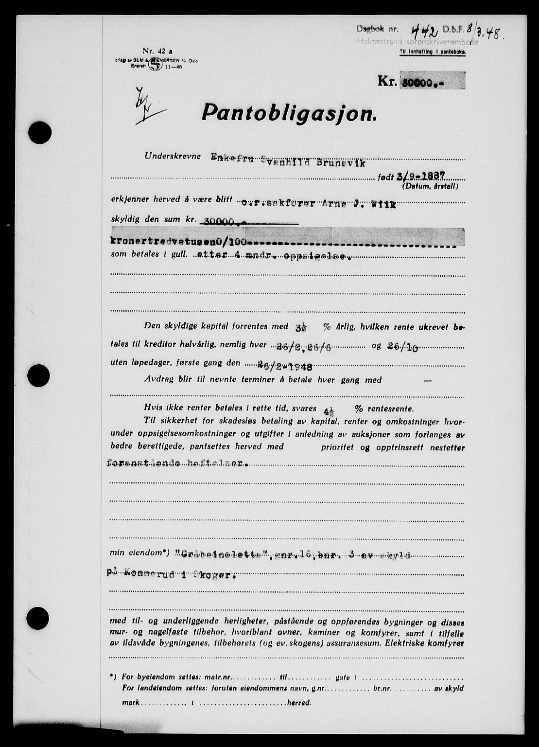 Holmestrand sorenskriveri, SAKO/A-67/G/Ga/Gab/L0058: Pantebok nr. B-58, 1947-1948, Dagboknr: 442/1948