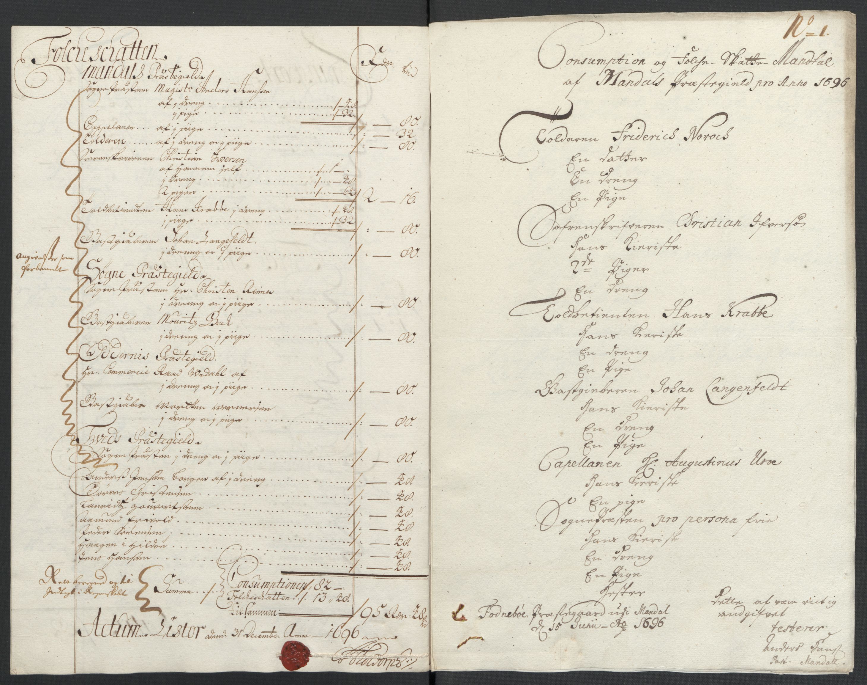 Rentekammeret inntil 1814, Reviderte regnskaper, Fogderegnskap, RA/EA-4092/R43/L2546: Fogderegnskap Lista og Mandal, 1696-1697, s. 91