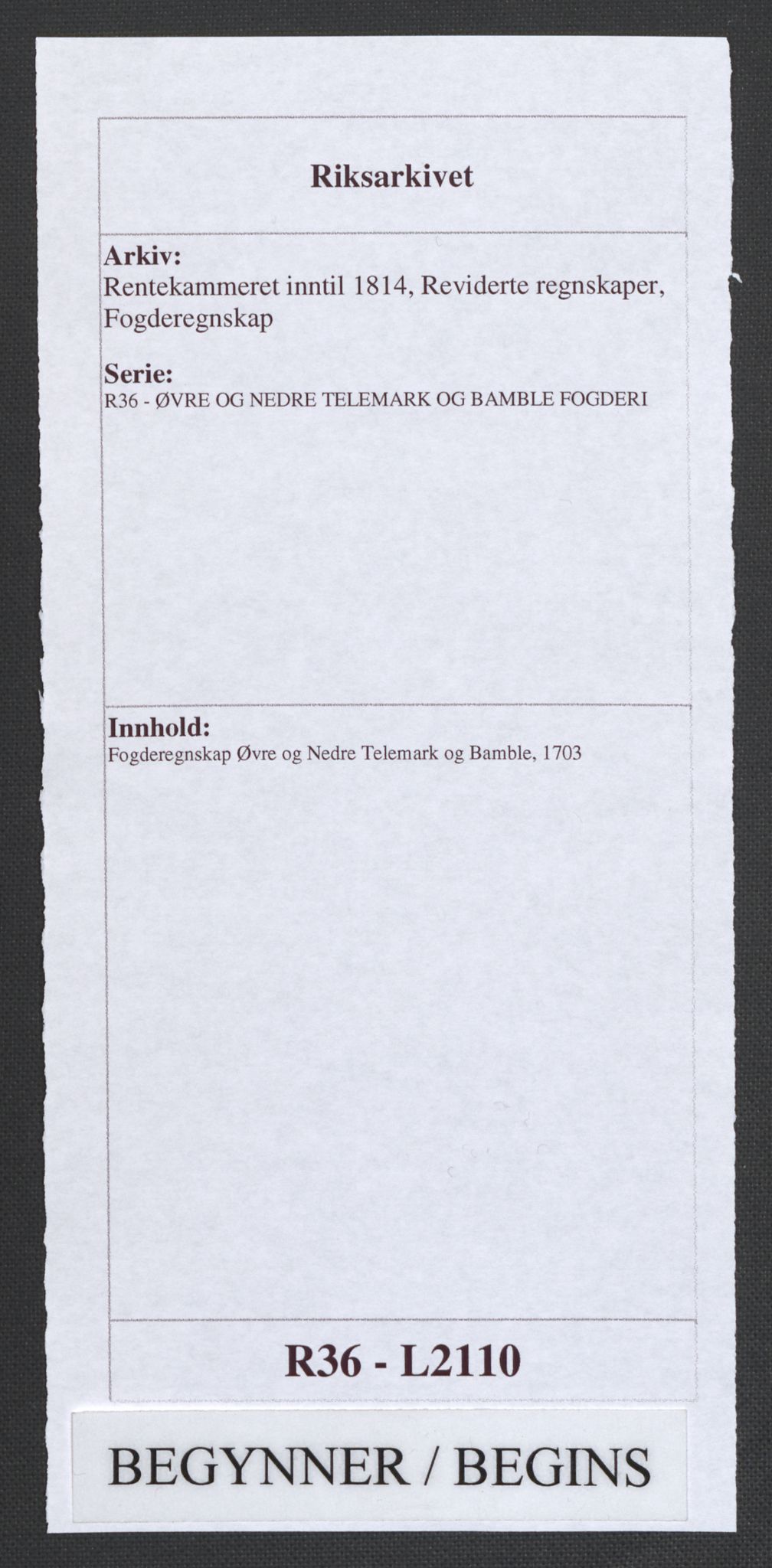 Rentekammeret inntil 1814, Reviderte regnskaper, Fogderegnskap, AV/RA-EA-4092/R36/L2110: Fogderegnskap Øvre og Nedre Telemark og Bamble, 1703, s. 1