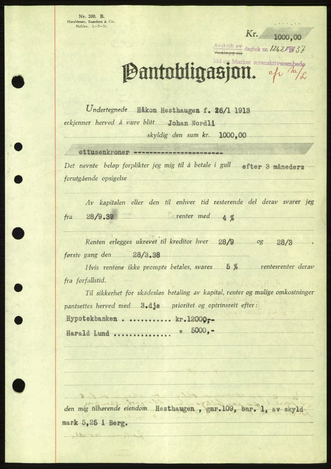 Idd og Marker sorenskriveri, AV/SAO-A-10283/G/Gb/Gbc/L0001: Pantebok nr. B1-3, 1936-1939, Dagboknr: 1262/1937