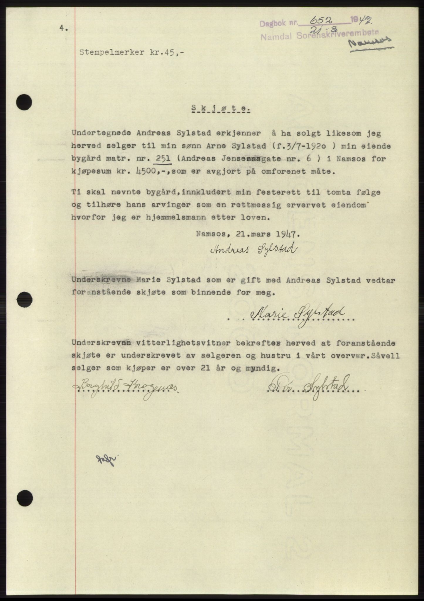 Namdal sorenskriveri, SAT/A-4133/1/2/2C: Pantebok nr. -, 1946-1947, Dagboknr: 652/1947
