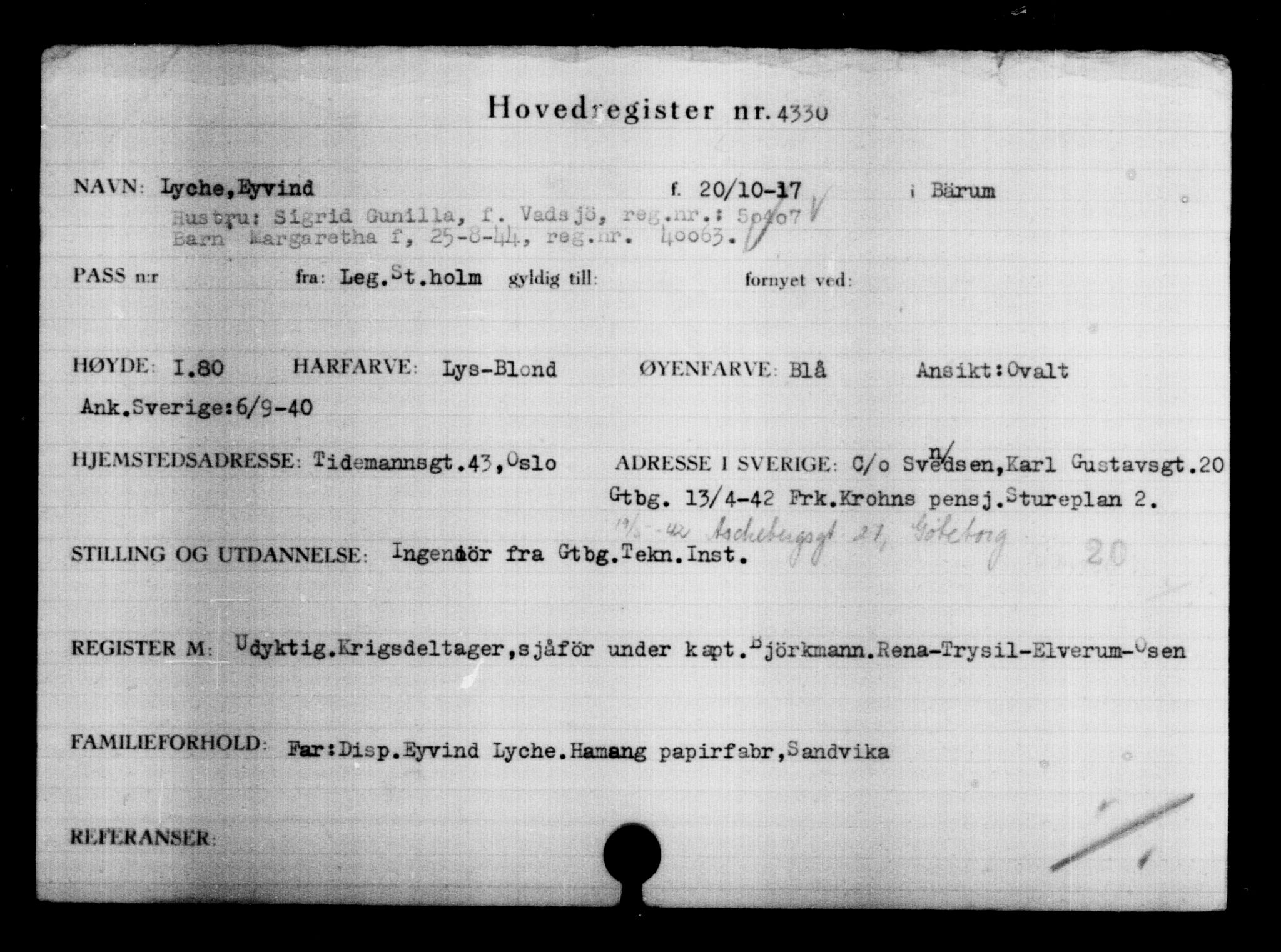 Utenriksstasjonene, Legasjonen i Stockholm, Flyktningkontoret, AV/RA-S-6753/V/Va/L0004: Kjesäterkartoteket, flyktninger med registreringsnr. 3496-6610, 1940-1945, s. 1013
