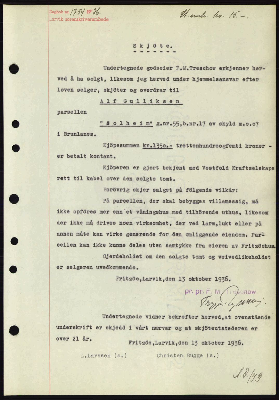 Larvik sorenskriveri, SAKO/A-83/G/Ga/Gab/L0067: Pantebok nr. A-1, 1936-1937, Dagboknr: 1754/1936