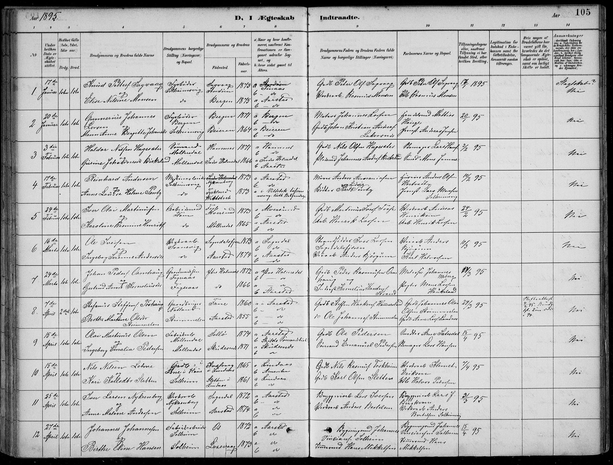Årstad Sokneprestembete, AV/SAB-A-79301/H/Hab/L0011: Klokkerbok nr. B 1, 1886-1901, s. 105