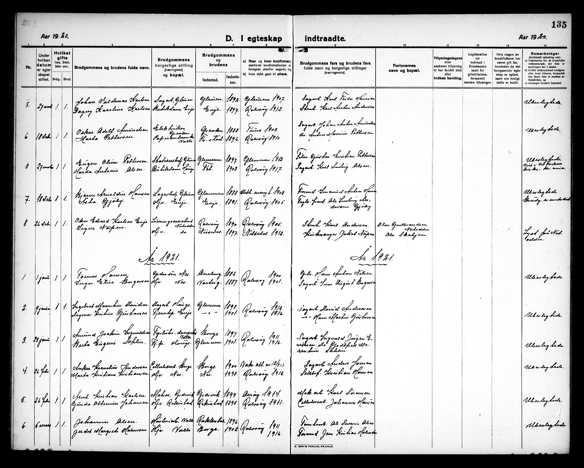 Rolvsøy prestekontor Kirkebøker, SAO/A-2004/G/Ga/L0002: Klokkerbok nr. 2, 1920-1935, s. 135