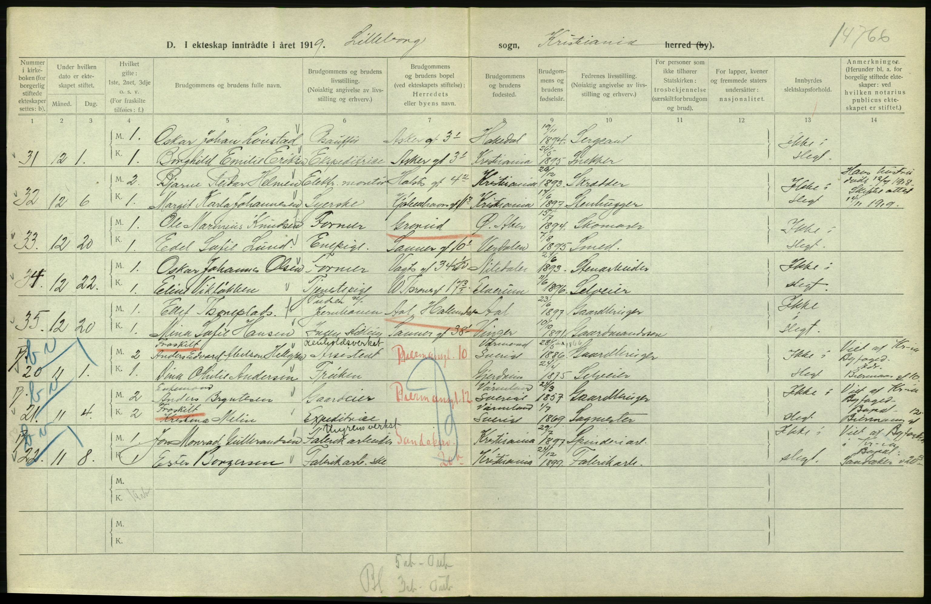 Statistisk sentralbyrå, Sosiodemografiske emner, Befolkning, AV/RA-S-2228/D/Df/Dfb/Dfbi/L0009: Kristiania: Gifte, 1919, s. 570