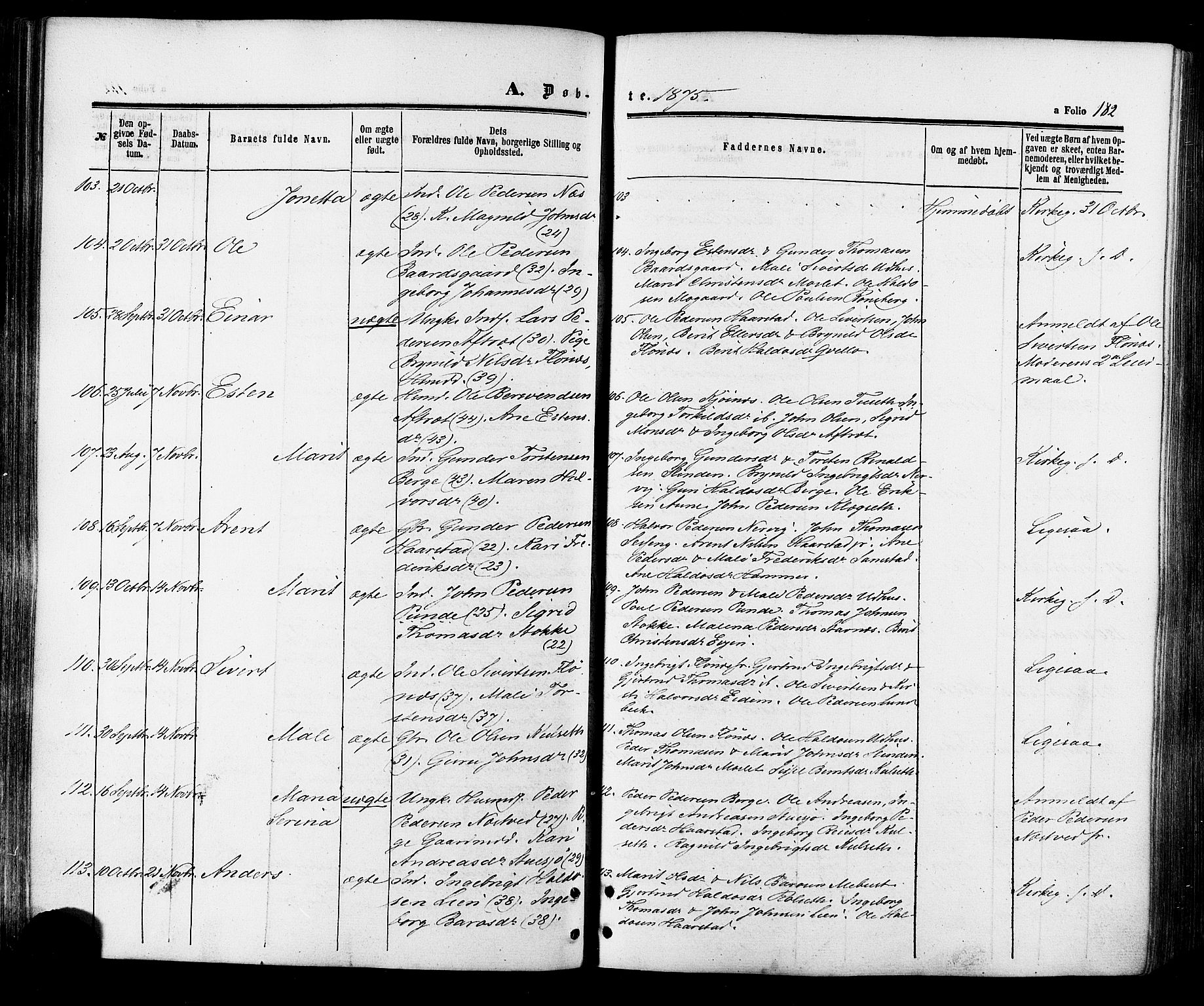Ministerialprotokoller, klokkerbøker og fødselsregistre - Sør-Trøndelag, SAT/A-1456/695/L1147: Ministerialbok nr. 695A07, 1860-1877, s. 182