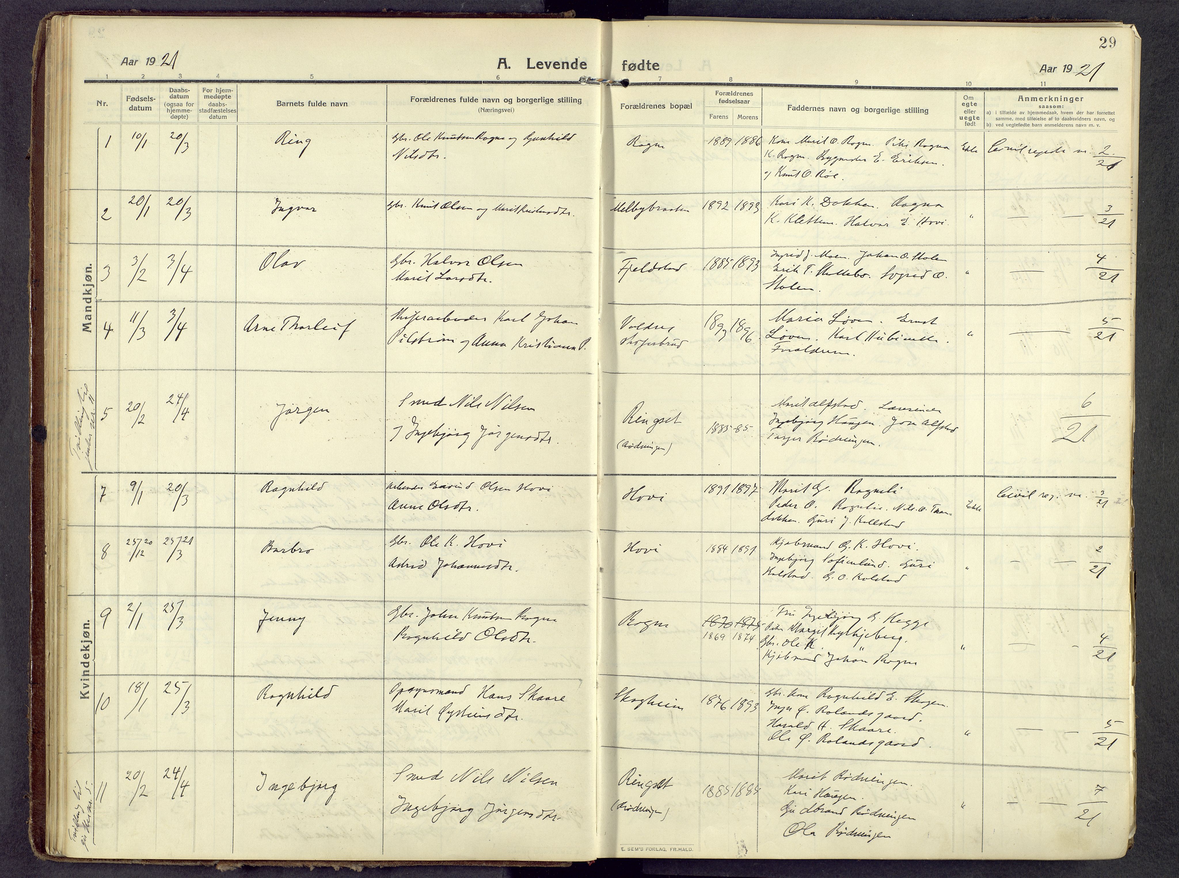 Øystre Slidre prestekontor, AV/SAH-PREST-138/H/Ha/Haa/L0006: Ministerialbok nr. 6, 1911-1931, s. 29