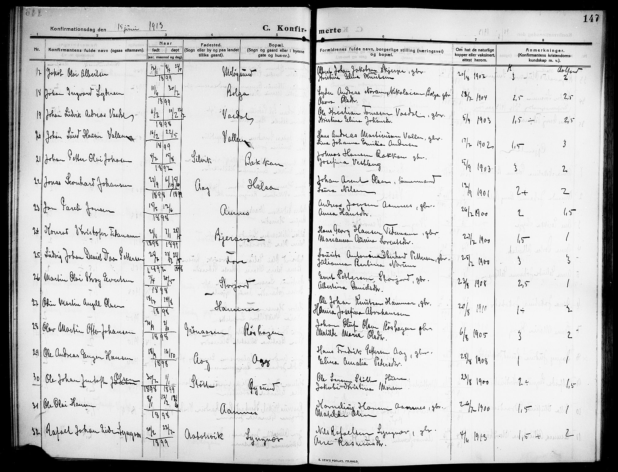 Ministerialprotokoller, klokkerbøker og fødselsregistre - Nordland, SAT/A-1459/843/L0639: Klokkerbok nr. 843C08, 1908-1924, s. 147
