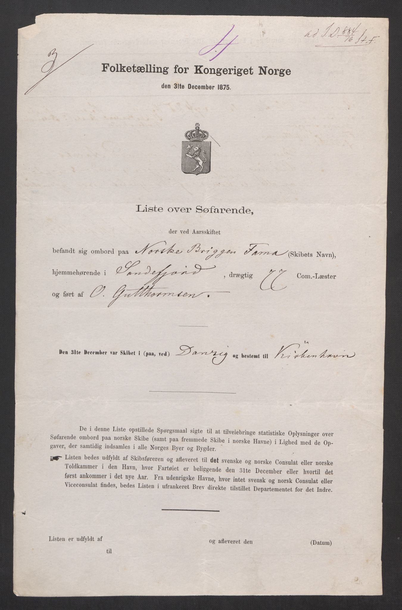 RA, Folketelling 1875, skipslister: Skip i utenrikske havner, hjemmehørende i byer og ladesteder, Fredrikshald - Arendal, 1875, s. 483