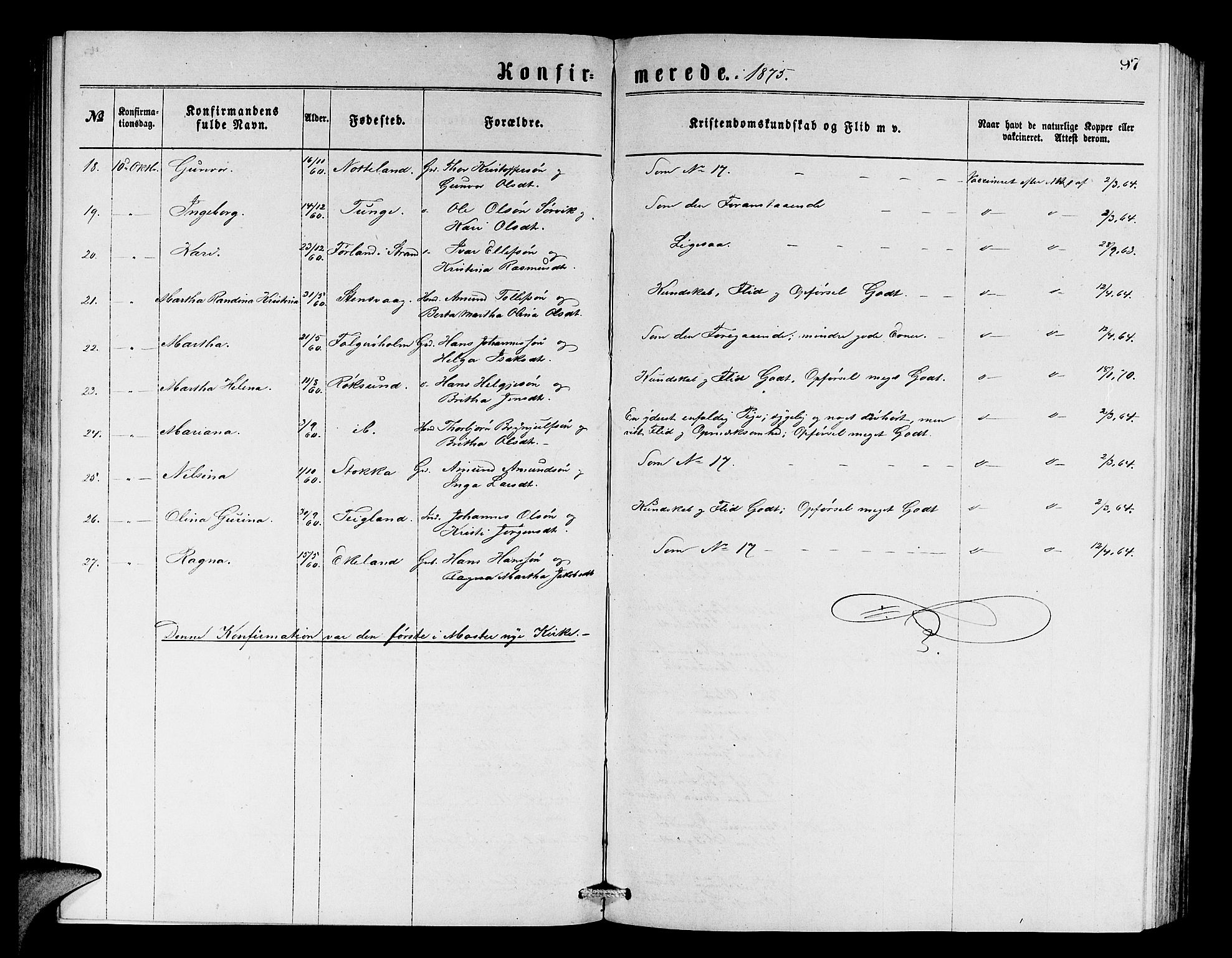 Finnås sokneprestembete, AV/SAB-A-99925/H/Ha/Hab/Haba/L0002: Klokkerbok nr. A 2, 1873-1882, s. 97