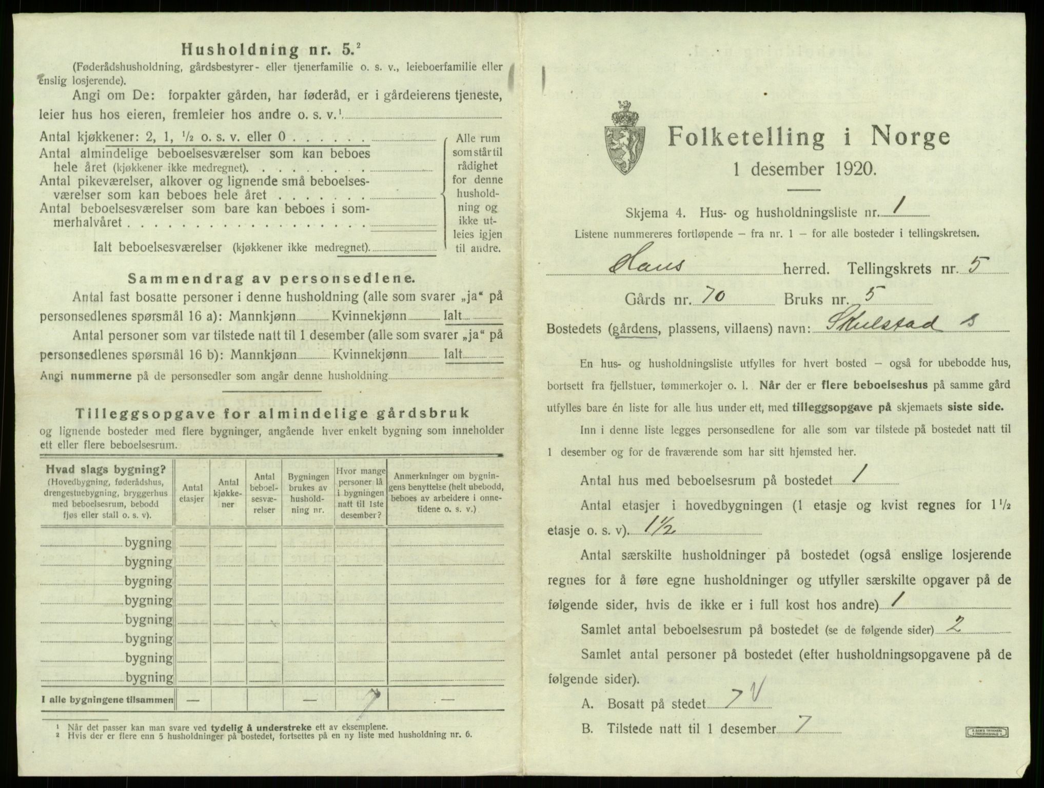 SAB, Folketelling 1920 for 1250 Haus herred, 1920, s. 319