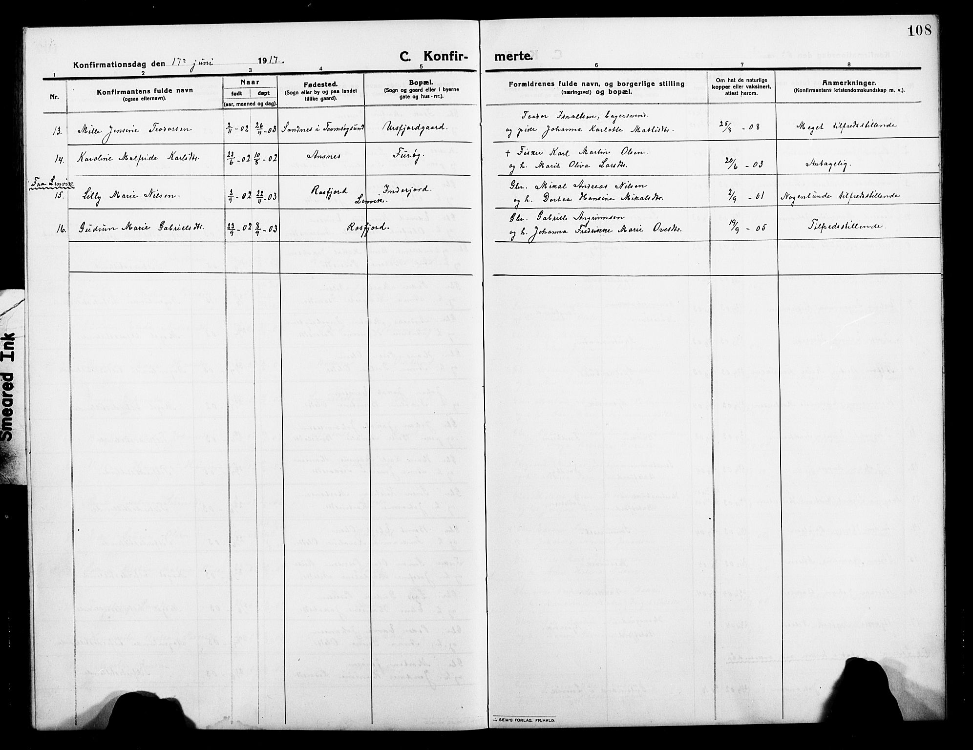 Balsfjord sokneprestembete, AV/SATØ-S-1303/G/Ga/L0004klokker: Klokkerbok nr. 4, 1910-1926, s. 108