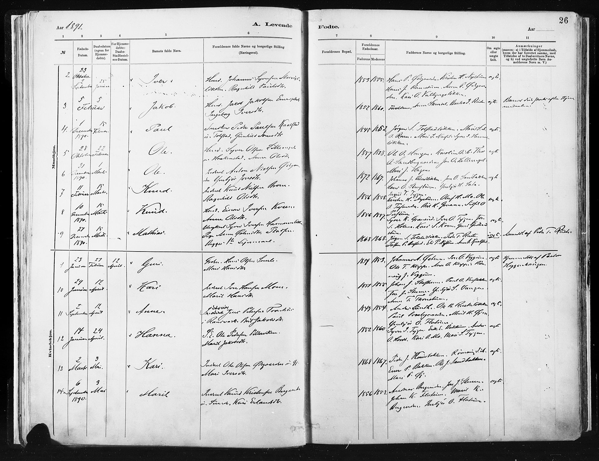 Vågå prestekontor, AV/SAH-PREST-076/H/Ha/Haa/L0009: Ministerialbok nr. 9, 1886-1904, s. 26