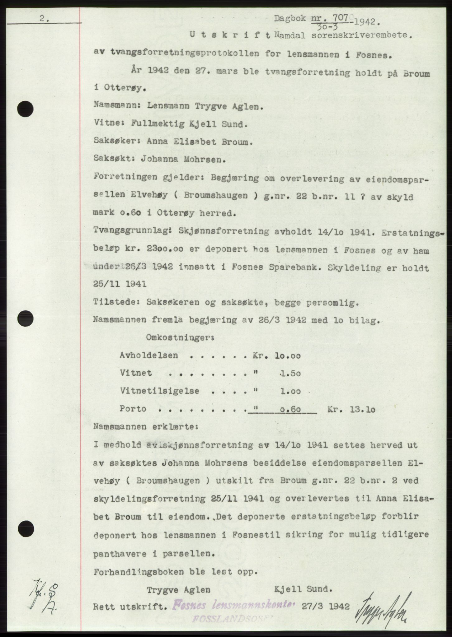 Namdal sorenskriveri, SAT/A-4133/1/2/2C: Pantebok nr. -, 1941-1942, Dagboknr: 707/1942