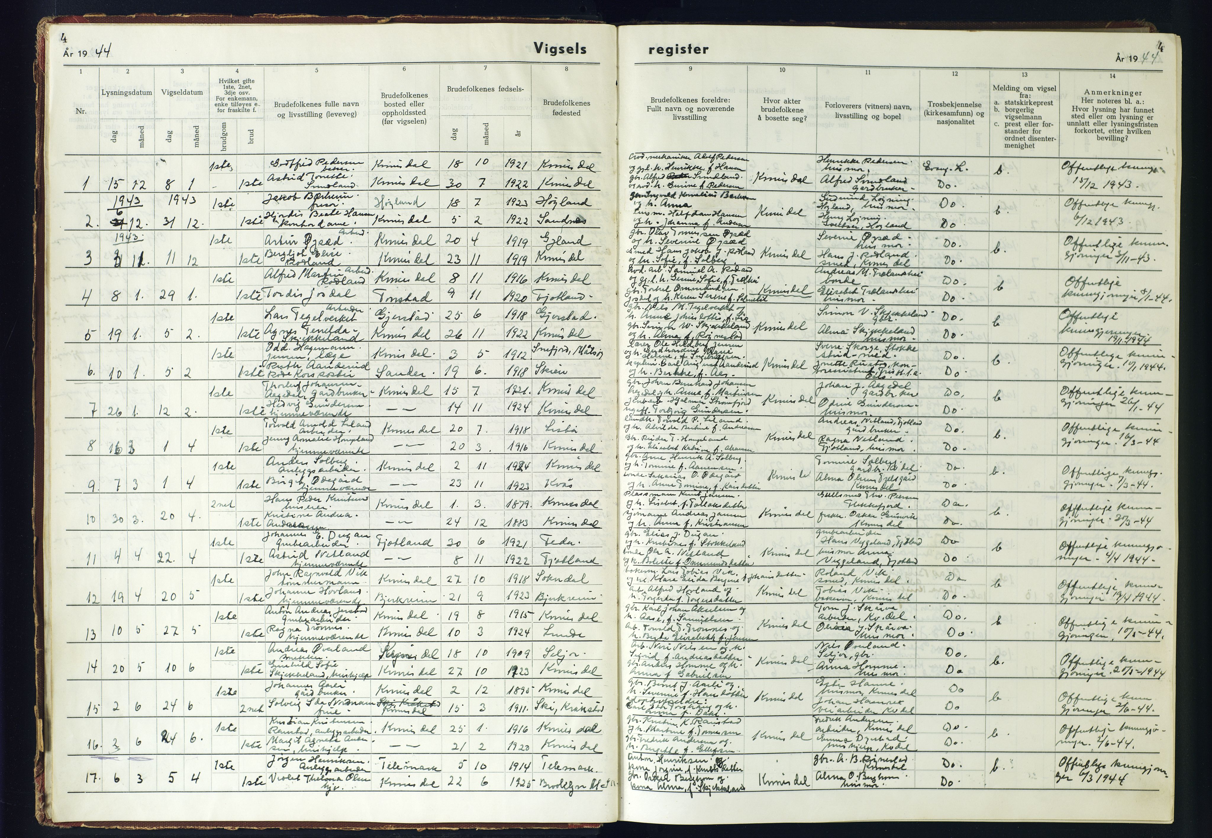 Kvinesdal sokneprestkontor, SAK/1111-0026/J/Jb/L0005: Vigselsregister nr. II.6.5, 1942-1944, s. 4