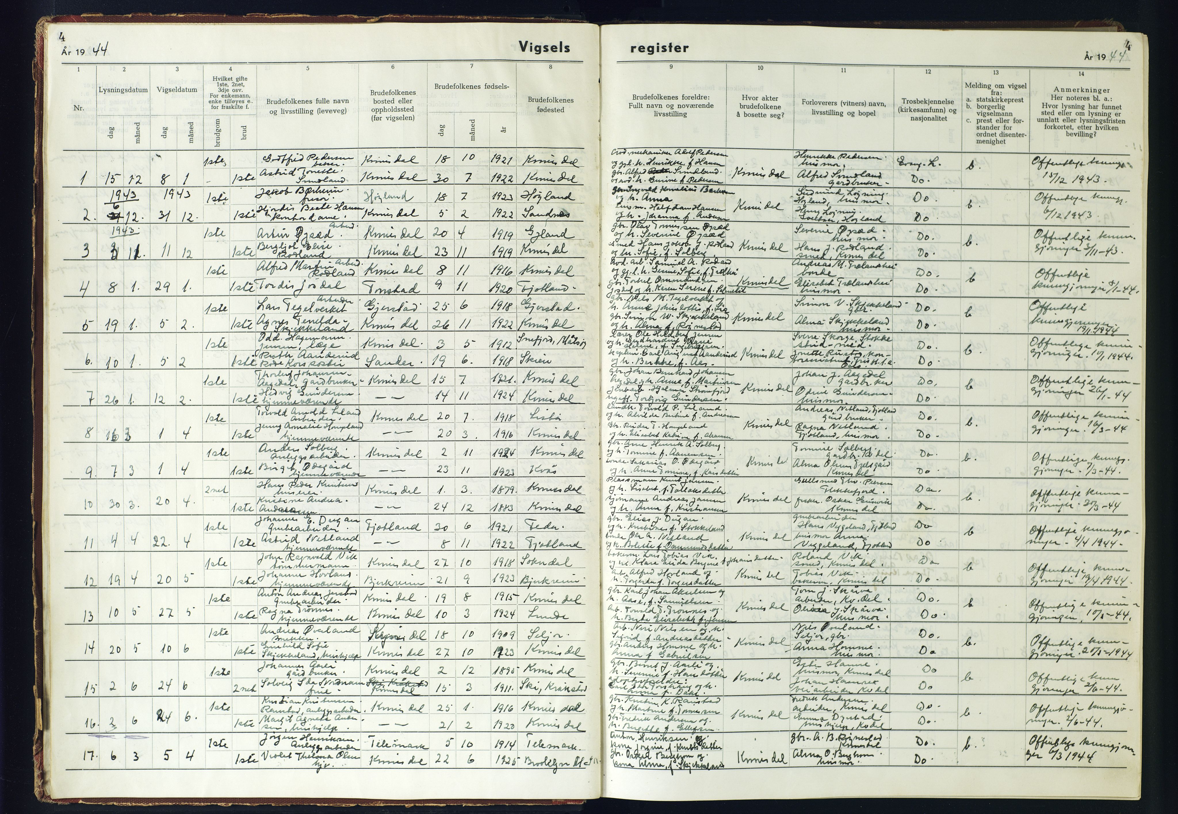 Kvinesdal sokneprestkontor, AV/SAK-1111-0026/J/Jb/L0005: Vigselsregister nr. II.6.5, 1942-1944, s. 4