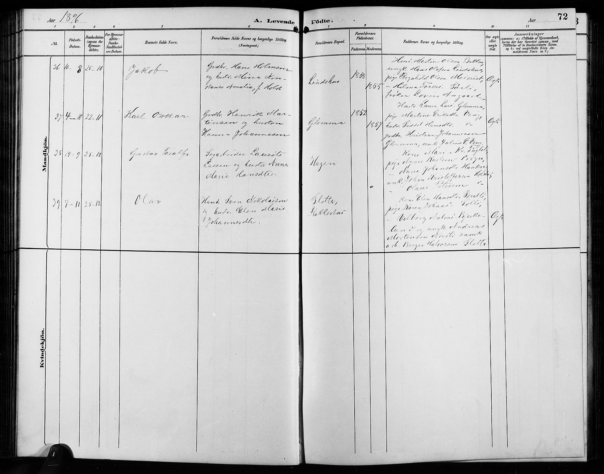 Enebakk prestekontor Kirkebøker, AV/SAO-A-10171c/G/Ga/L0006: Klokkerbok nr. I 6, 1889-1911, s. 72