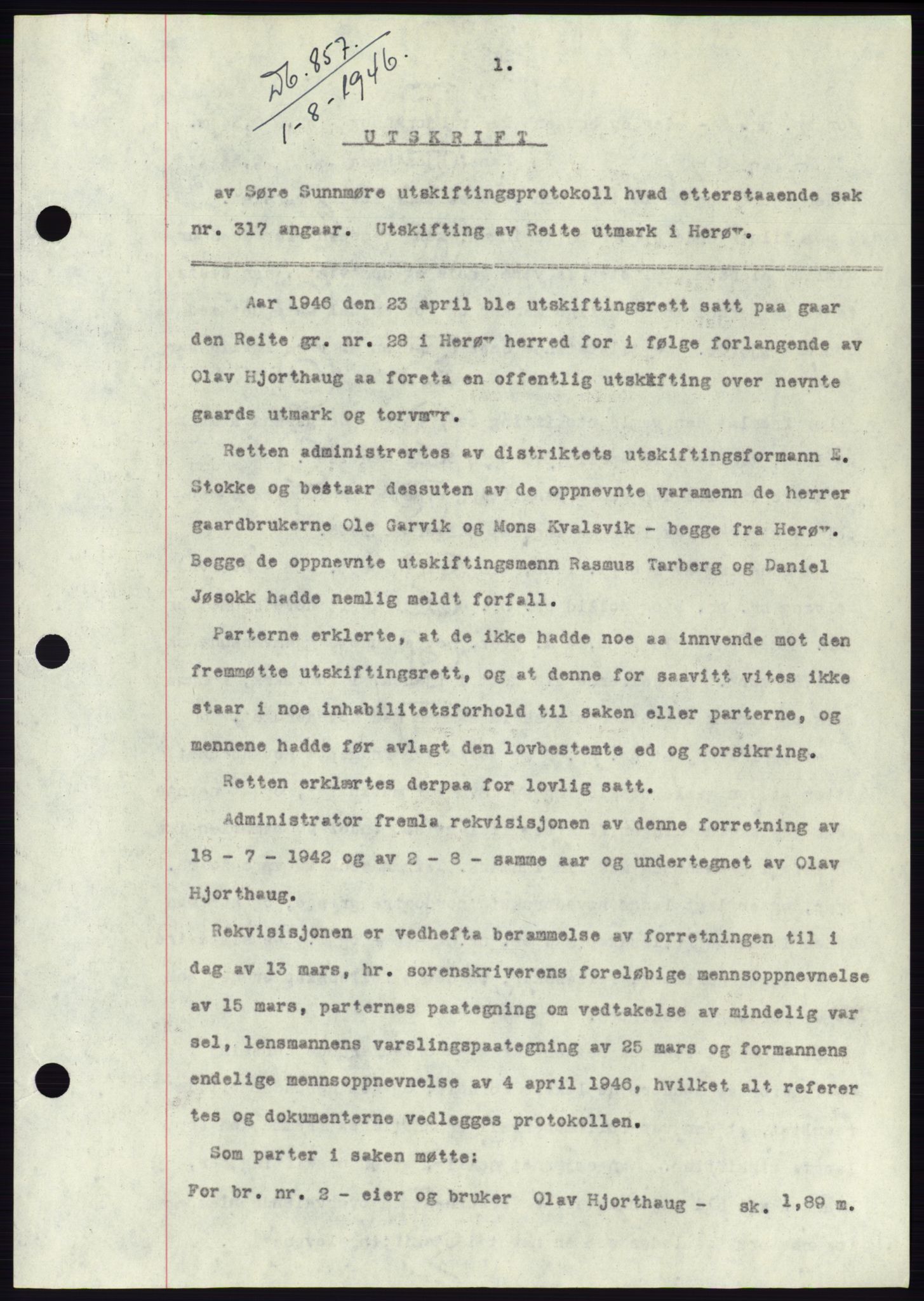 Søre Sunnmøre sorenskriveri, AV/SAT-A-4122/1/2/2C/L0078: Pantebok nr. 4A, 1946-1946, Dagboknr: 857/1946