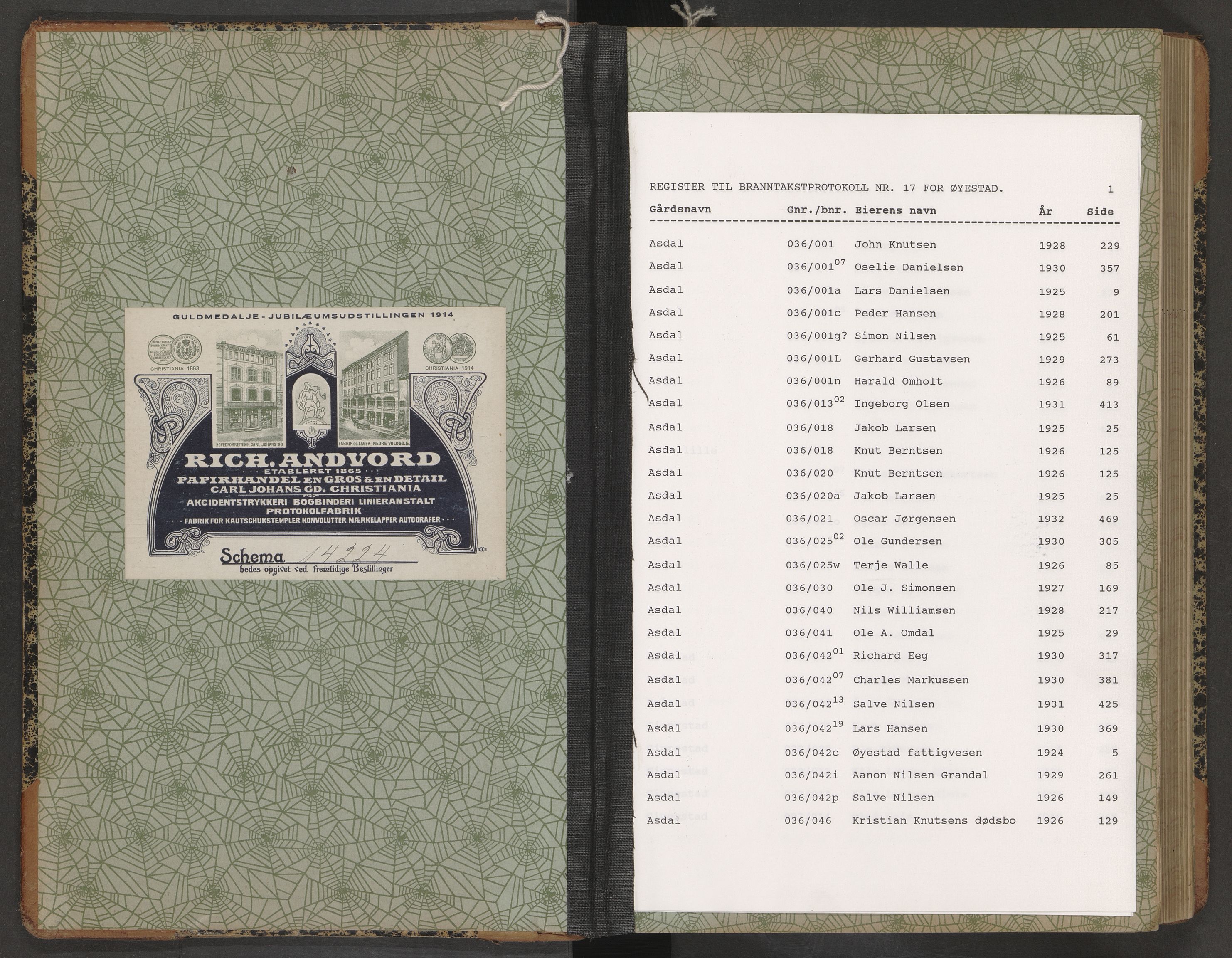 Norges Brannkasse Øyestad, AV/SAK-2241-0059/F/Fa/L0017: Branntakstprotokoll nr. 17 med gårdsnavnregister, 1924-1932