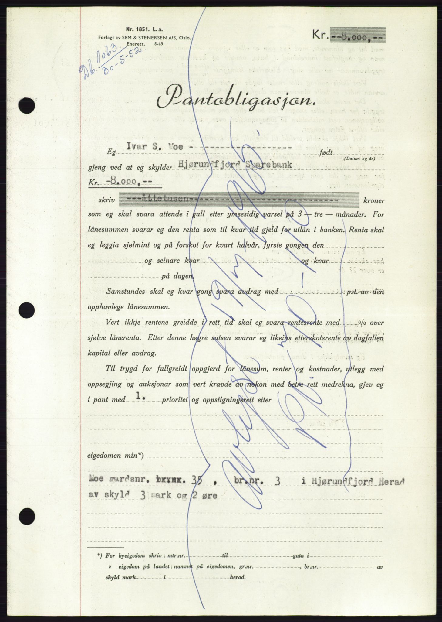 Søre Sunnmøre sorenskriveri, AV/SAT-A-4122/1/2/2C/L0121: Pantebok nr. 9B, 1951-1952, Dagboknr: 1063/1952