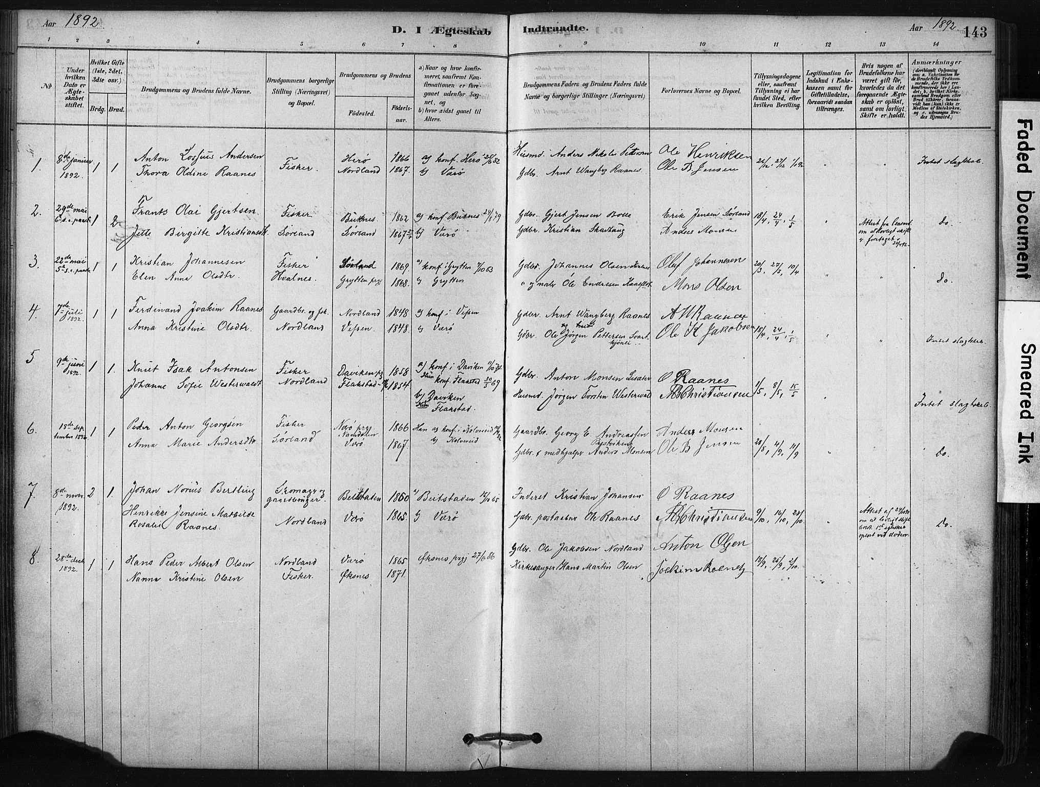 Ministerialprotokoller, klokkerbøker og fødselsregistre - Nordland, SAT/A-1459/807/L0122: Ministerialbok nr. 807A05, 1880-1902, s. 143