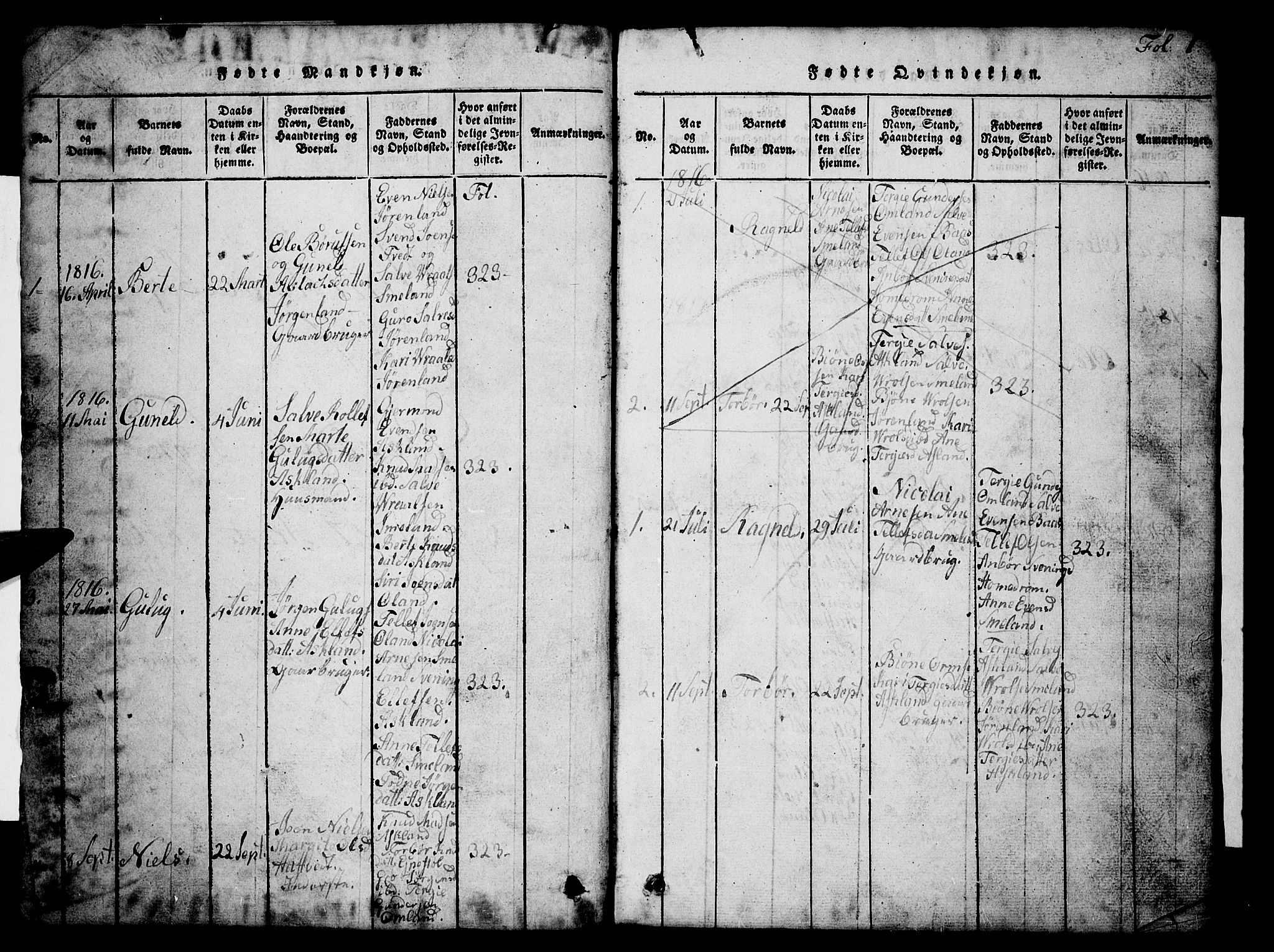 Åmli sokneprestkontor, SAK/1111-0050/F/Fb/Fba/L0001: Klokkerbok nr. B 1, 1816-1890, s. 1