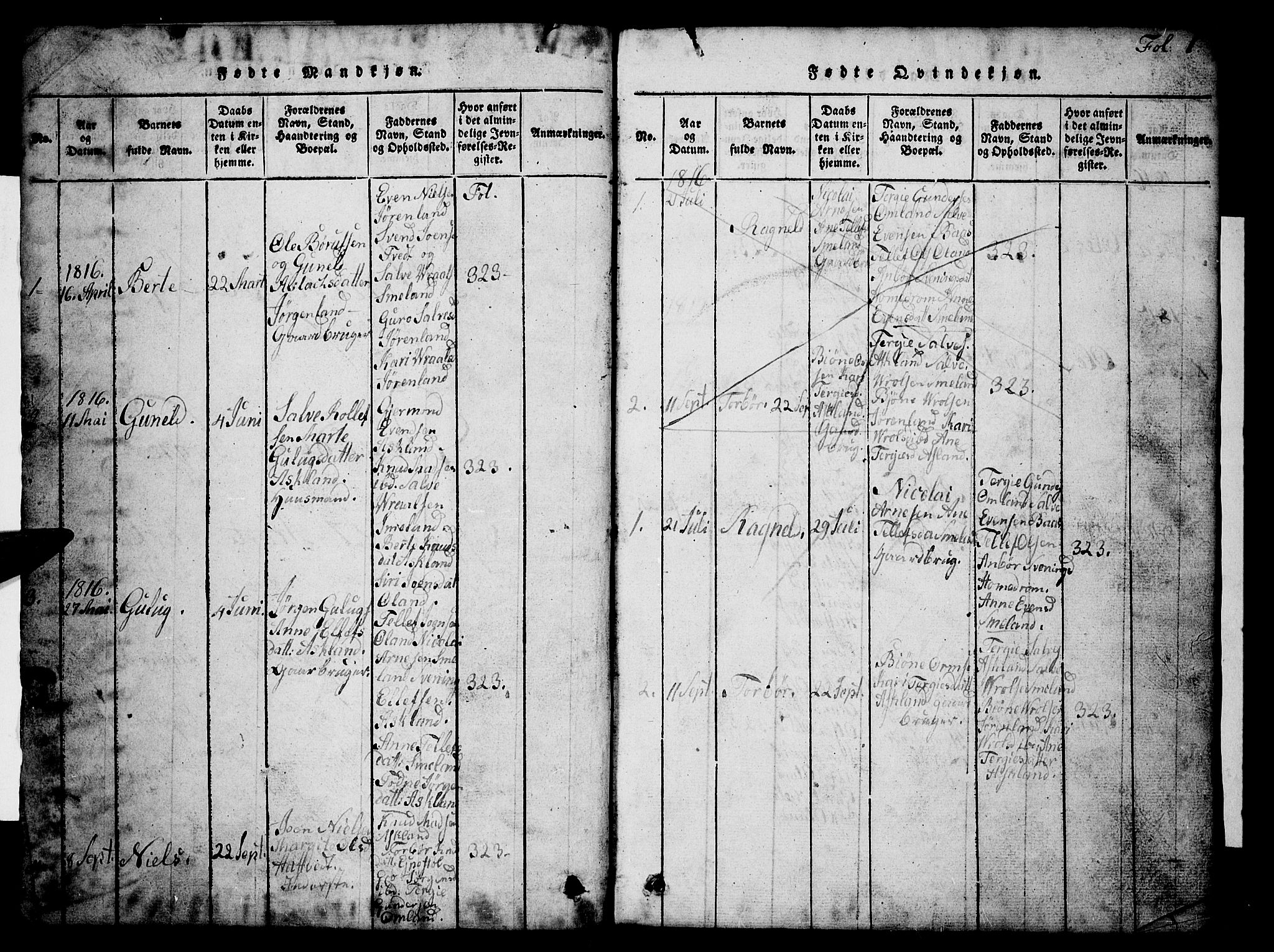 Åmli sokneprestkontor, AV/SAK-1111-0050/F/Fb/Fba/L0001: Klokkerbok nr. B 1, 1816-1890, s. 1
