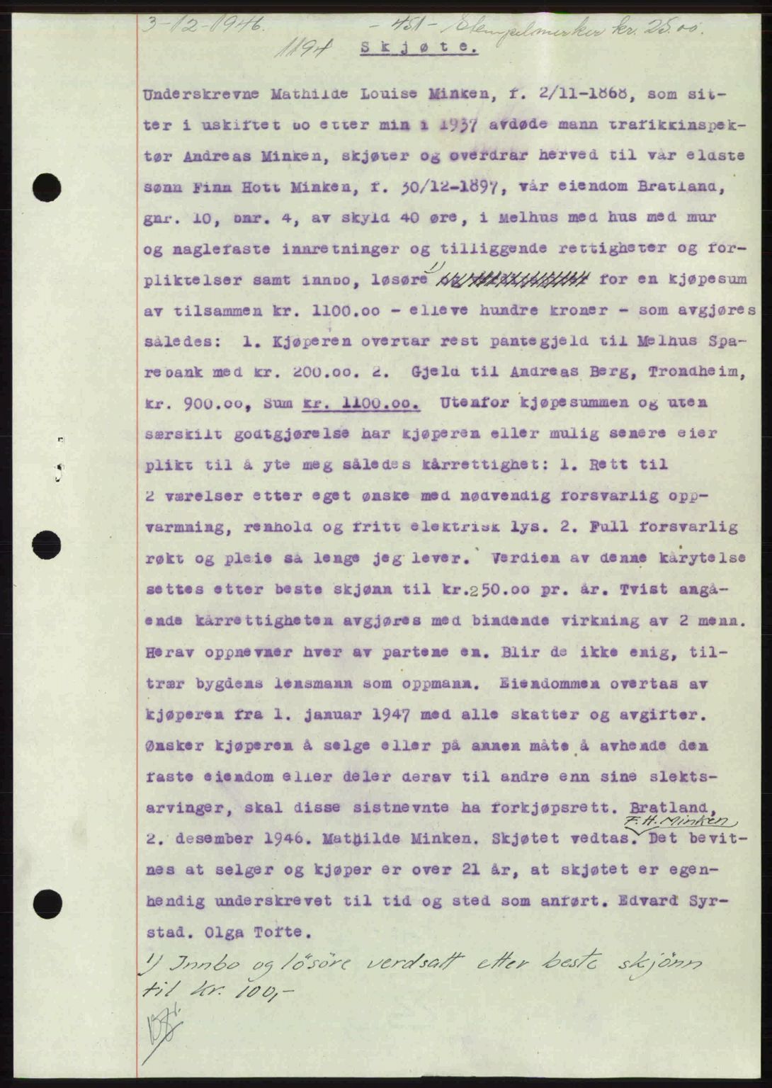 Gauldal sorenskriveri, SAT/A-0014/1/2/2C: Pantebok nr. A2, 1946-1946, Dagboknr: 1194/1946