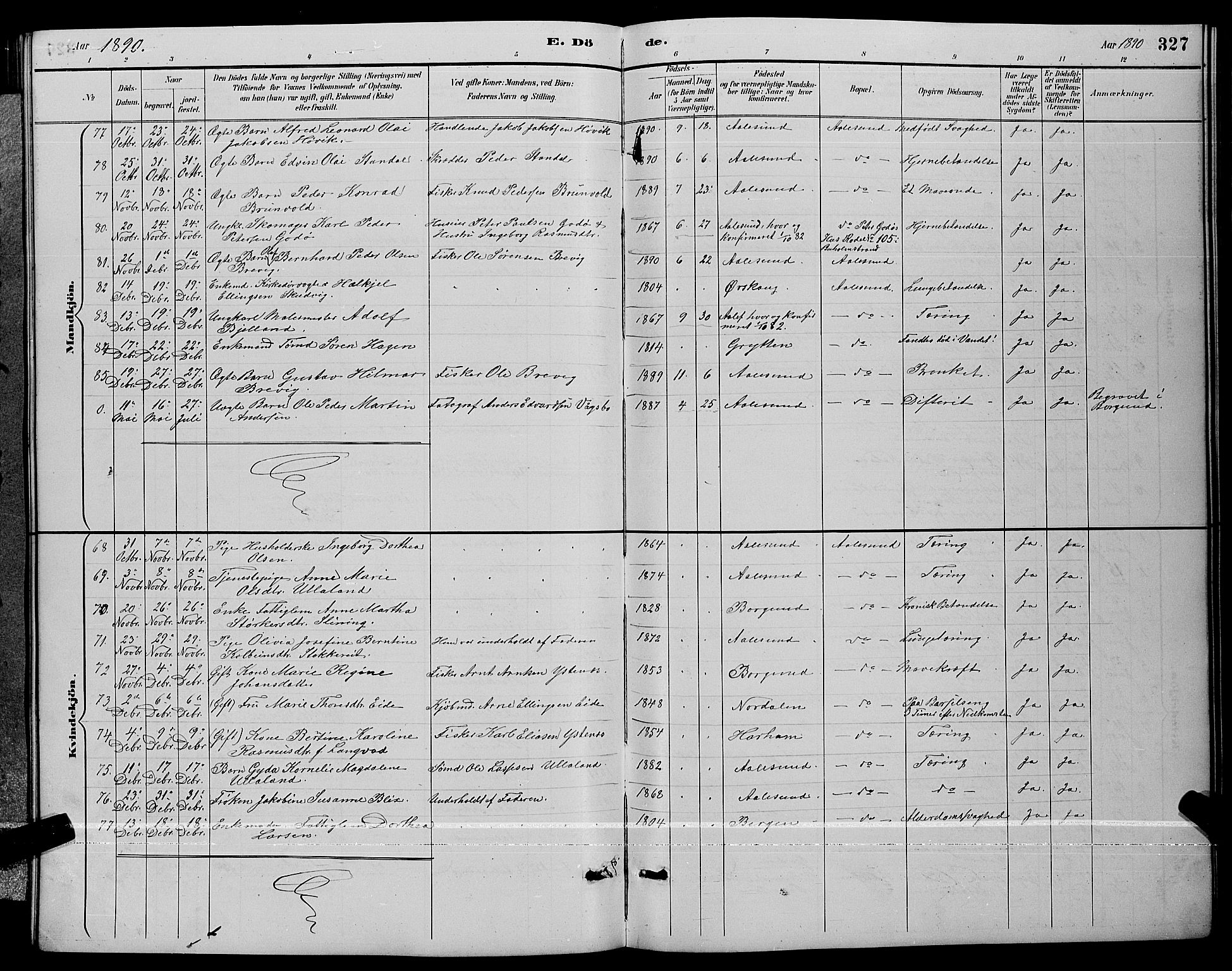 Ministerialprotokoller, klokkerbøker og fødselsregistre - Møre og Romsdal, AV/SAT-A-1454/529/L0467: Klokkerbok nr. 529C04, 1889-1897, s. 327