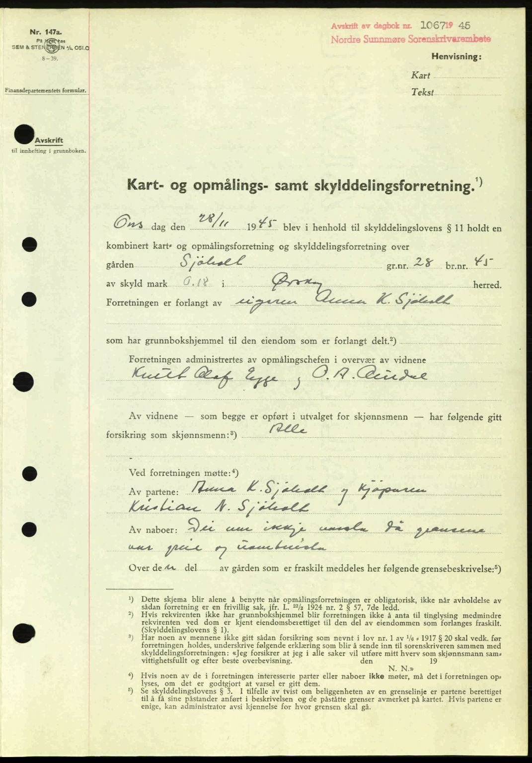 Nordre Sunnmøre sorenskriveri, SAT/A-0006/1/2/2C/2Ca: Pantebok nr. A20a, 1945-1945, Dagboknr: 1067/1945