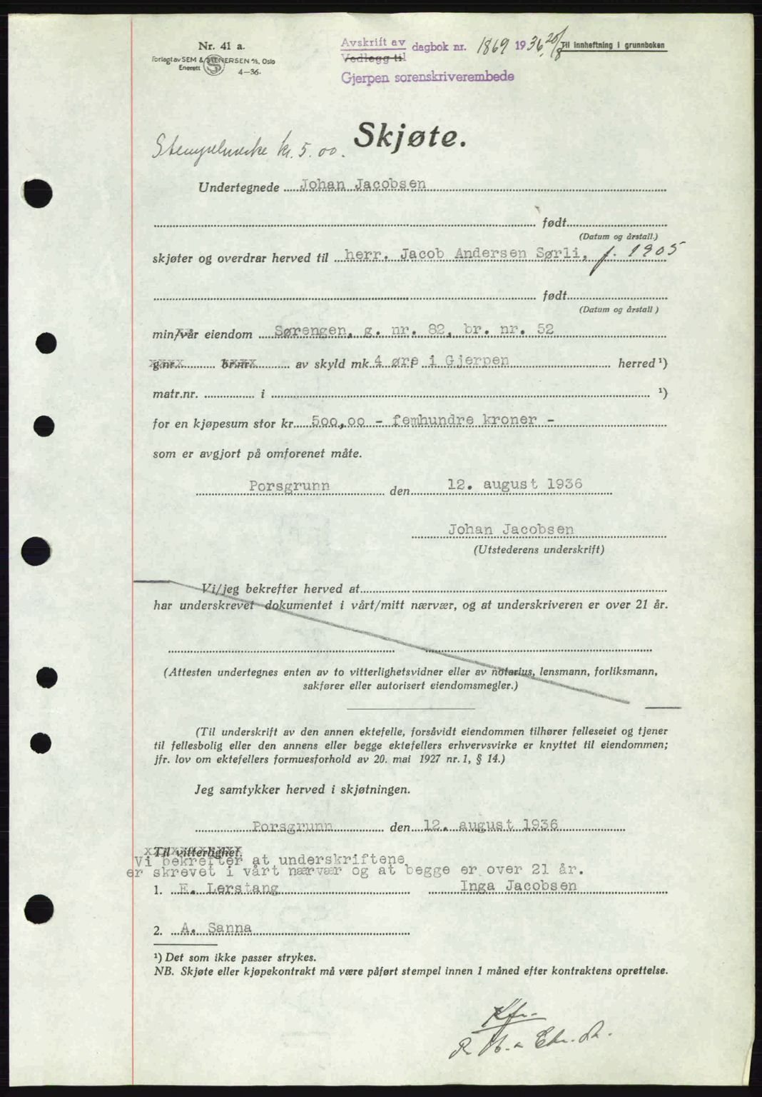 Gjerpen sorenskriveri, SAKO/A-216/G/Ga/Gae/L0067: Pantebok nr. A-66 - A-68, 1936-1937, Dagboknr: 1869/1936
