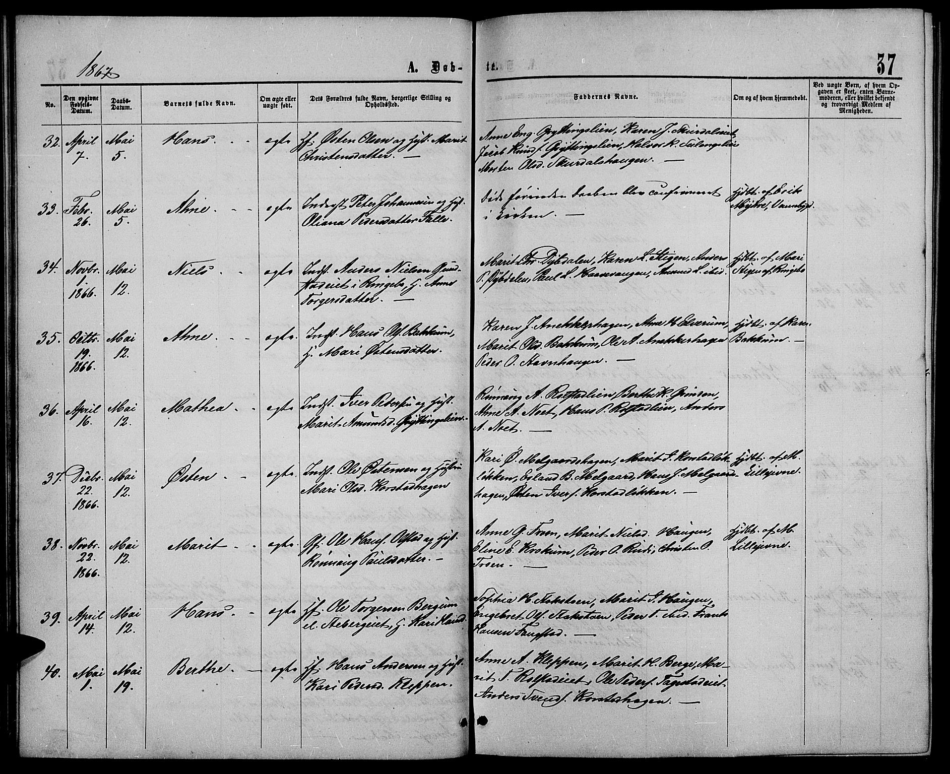 Sør-Fron prestekontor, AV/SAH-PREST-010/H/Ha/Hab/L0002: Klokkerbok nr. 2, 1864-1883, s. 37