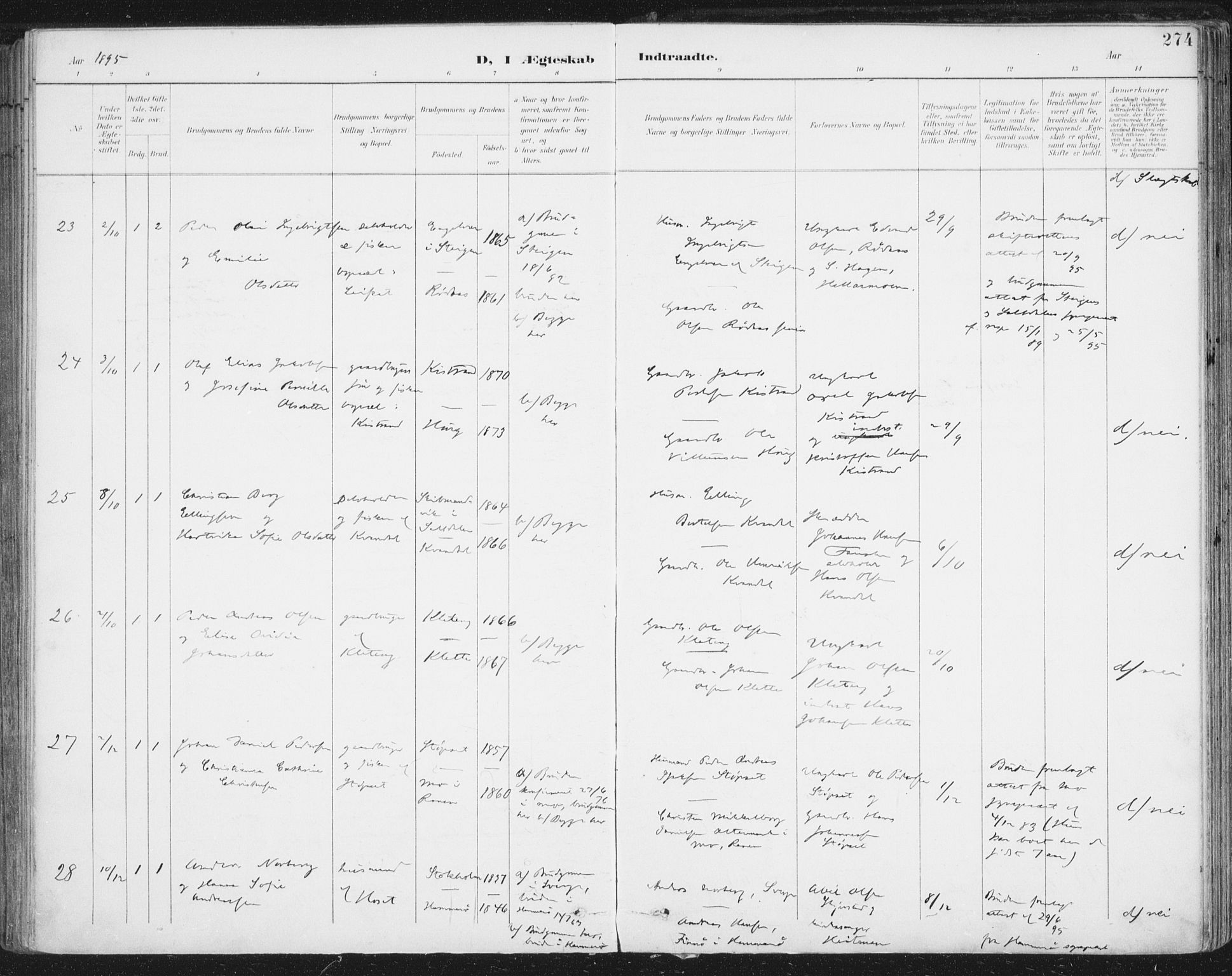 Ministerialprotokoller, klokkerbøker og fødselsregistre - Nordland, SAT/A-1459/852/L0741: Ministerialbok nr. 852A11, 1894-1917, s. 274