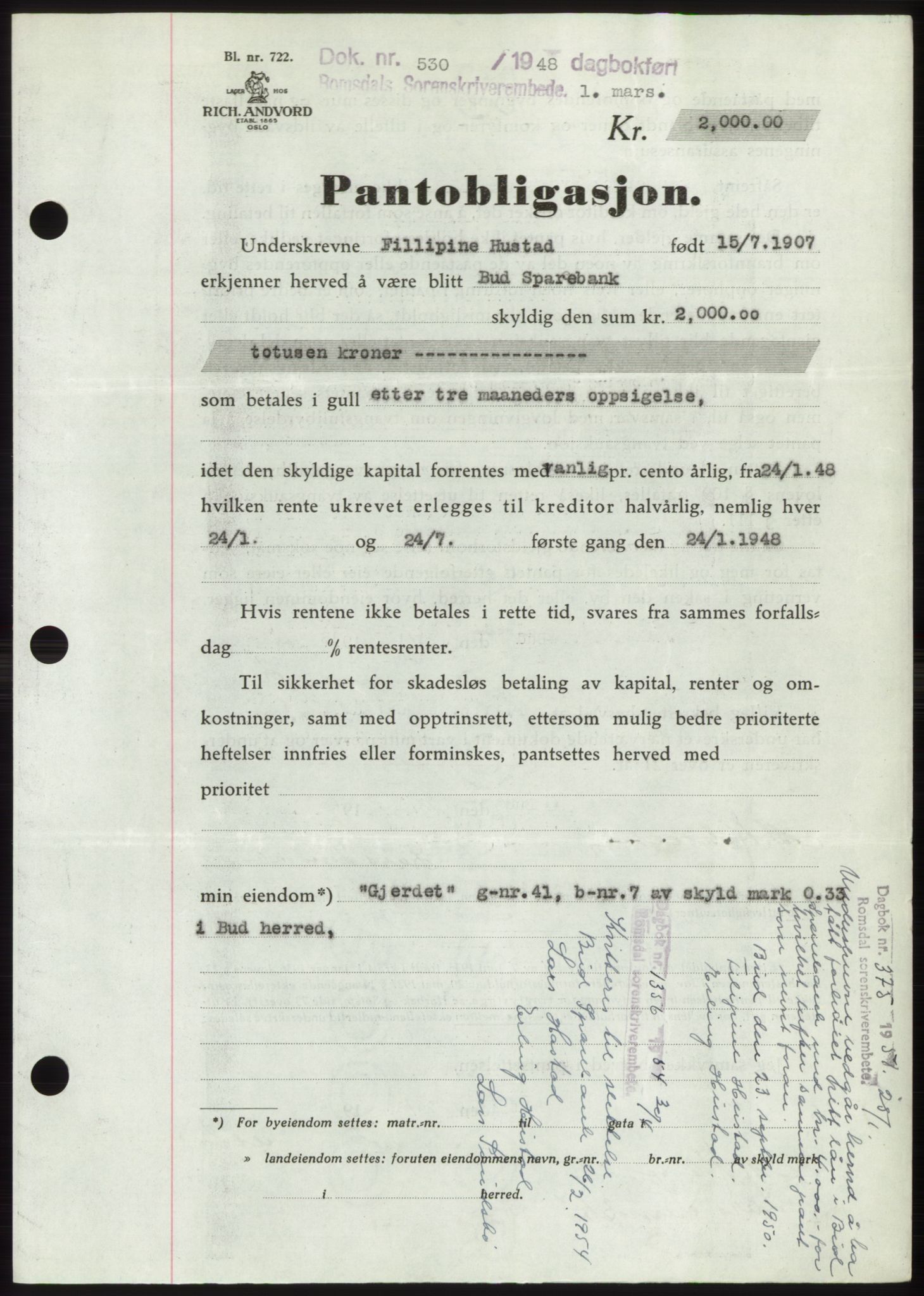 Romsdal sorenskriveri, SAT/A-4149/1/2/2C: Pantebok nr. B3, 1946-1948, Dagboknr: 530/1948