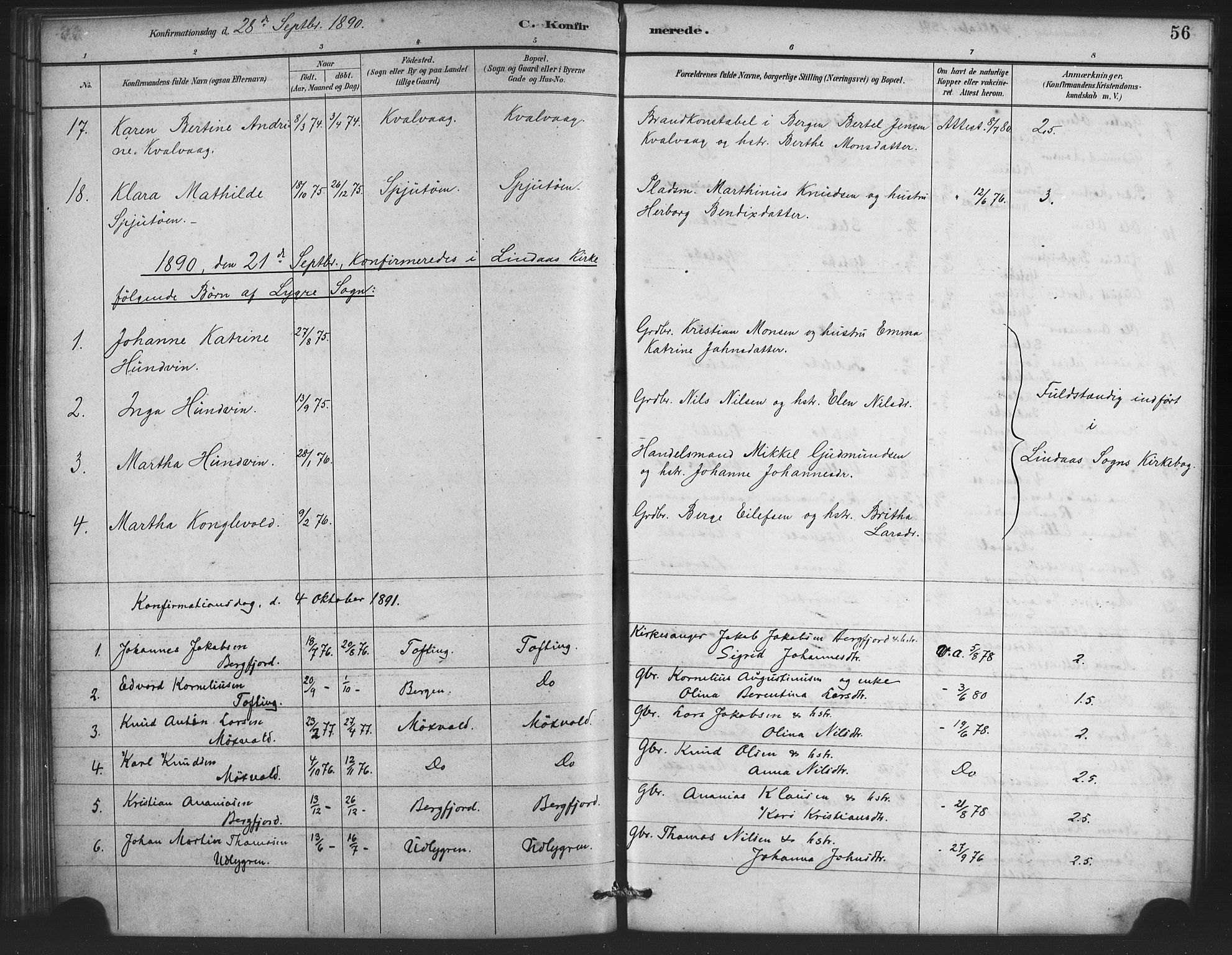 Lindås Sokneprestembete, AV/SAB-A-76701/H/Haa/Haae/L0001: Ministerialbok nr. E 1, 1886-1897, s. 56