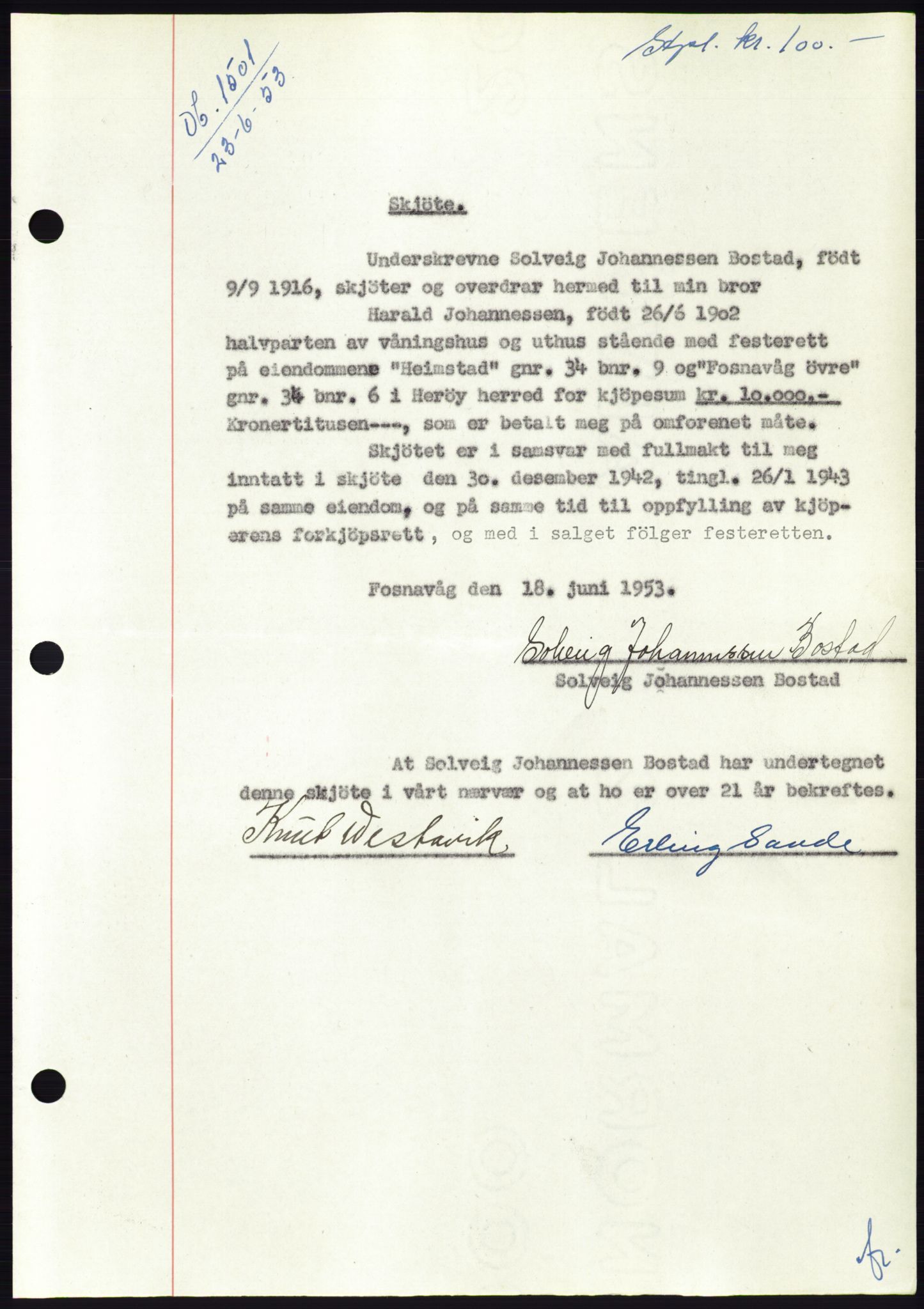 Søre Sunnmøre sorenskriveri, AV/SAT-A-4122/1/2/2C/L0095: Pantebok nr. 21A, 1953-1953, Dagboknr: 1501/1953