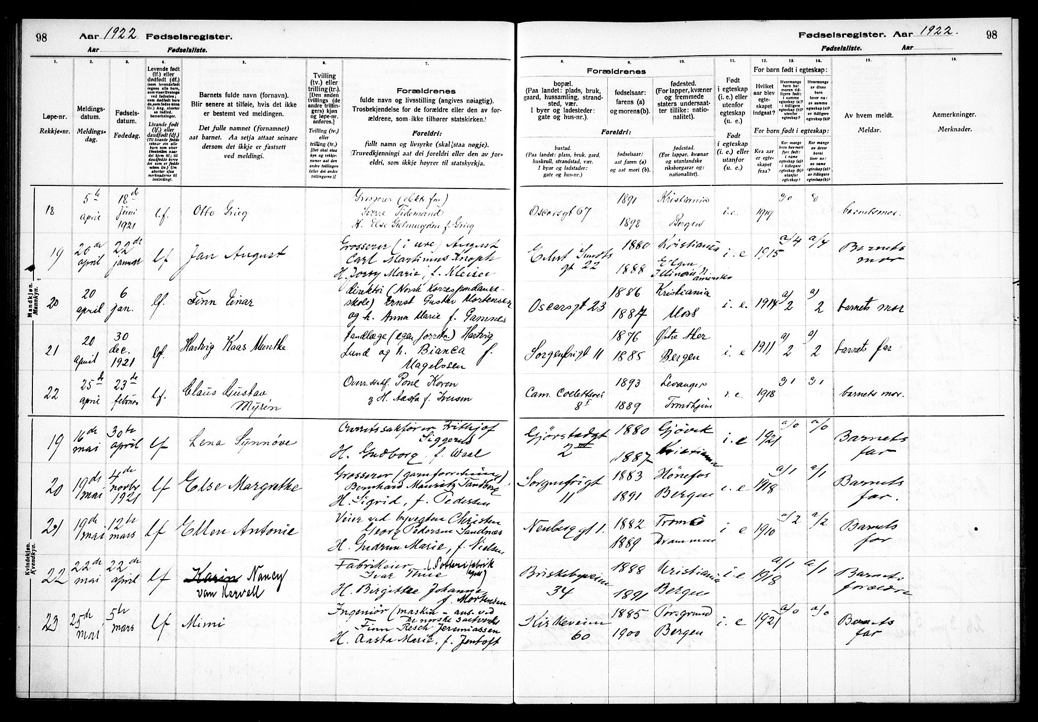 Uranienborg prestekontor Kirkebøker, AV/SAO-A-10877/J/Ja/L0001: Fødselsregister nr. 1, 1916-1930, s. 98