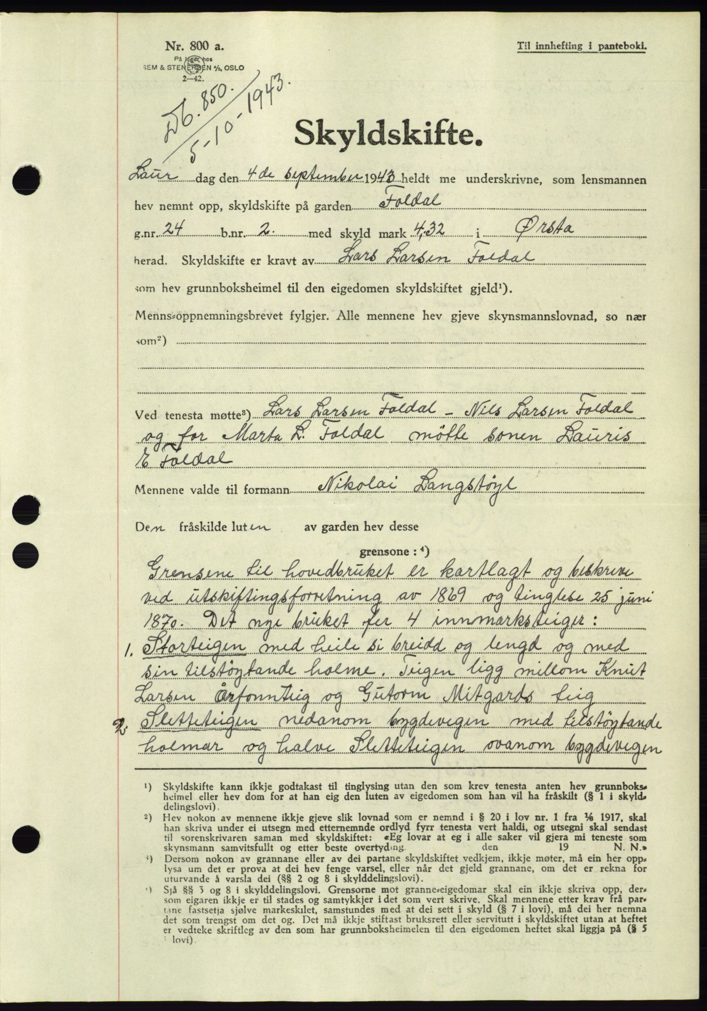 Søre Sunnmøre sorenskriveri, AV/SAT-A-4122/1/2/2C/L0075: Pantebok nr. 1A, 1943-1943, Dagboknr: 850/1943