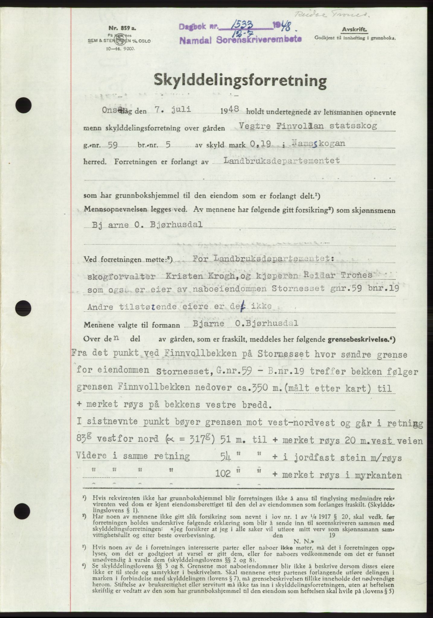Namdal sorenskriveri, SAT/A-4133/1/2/2C: Pantebok nr. -, 1948-1948, Dagboknr: 1533/1948