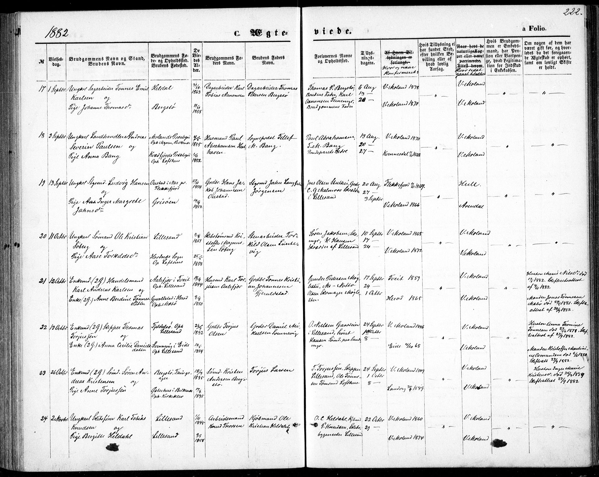 Vestre Moland sokneprestkontor, AV/SAK-1111-0046/F/Fb/Fbb/L0005: Klokkerbok nr. B 5, 1872-1883, s. 222