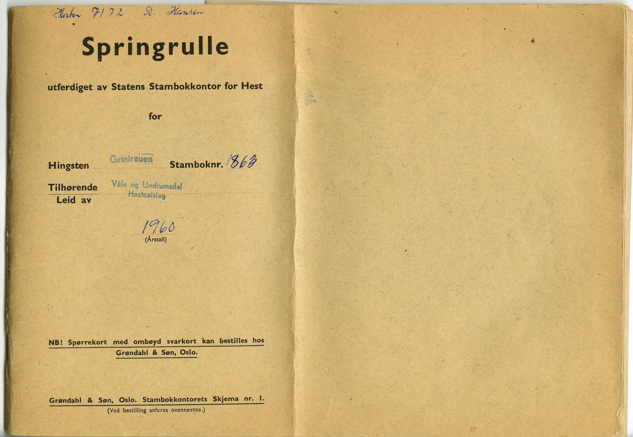 Pa 99 - Våle og Undrumsdals Hesteavlsforening, VEMU/A-1125/F/0001/0001 / Springruller, 1960