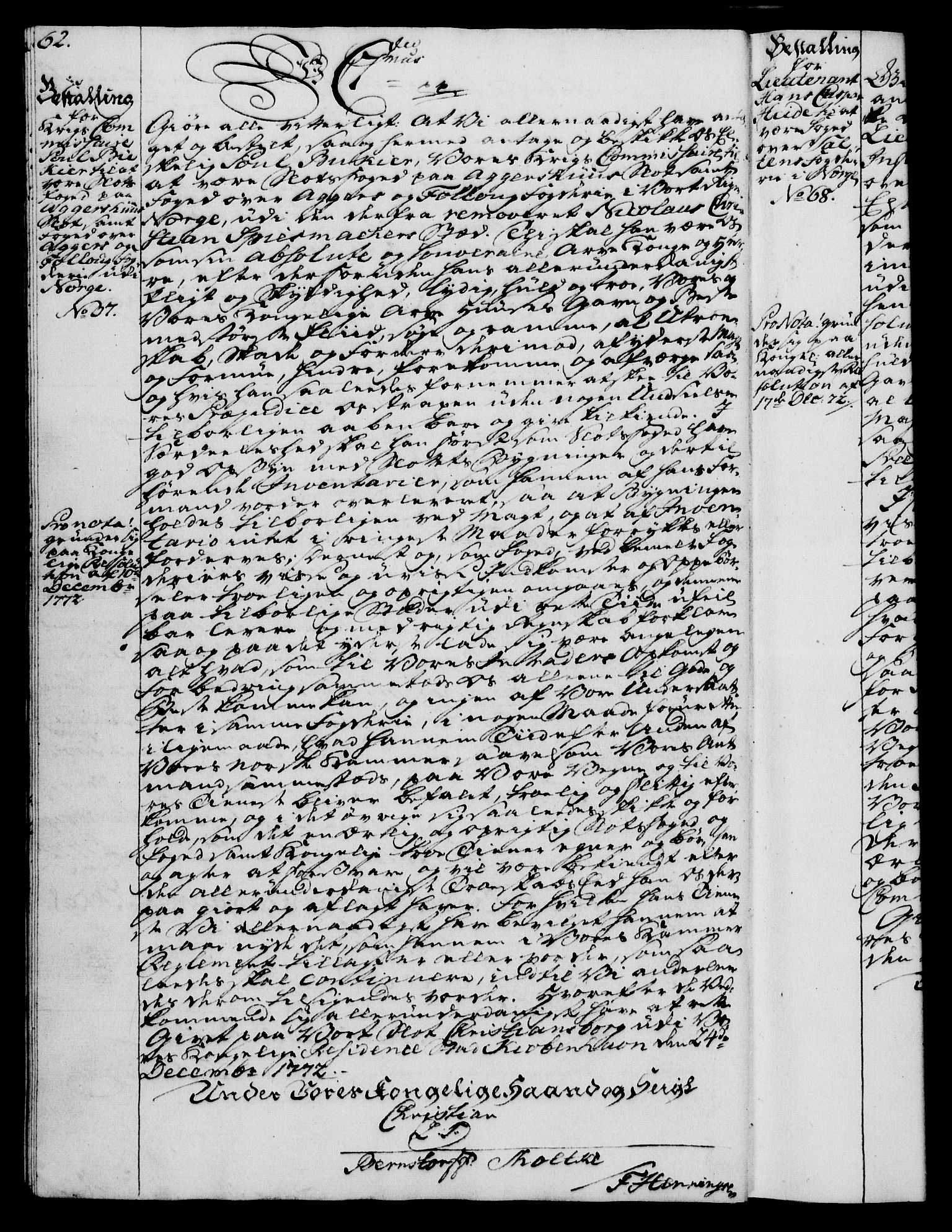 Rentekammeret, Kammerkanselliet, RA/EA-3111/G/Gg/Gge/L0005: Norsk bestallingsprotokoll med register (merket RK 53.29), 1771-1773, s. 62