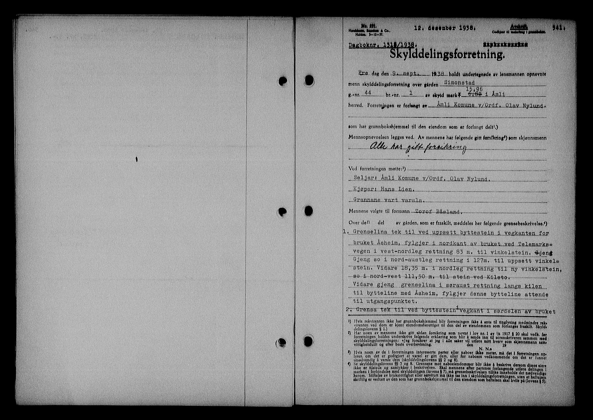 Nedenes sorenskriveri, SAK/1221-0006/G/Gb/Gba/L0045: Pantebok nr. 41, 1938-1938, Dagboknr: 1318/1938